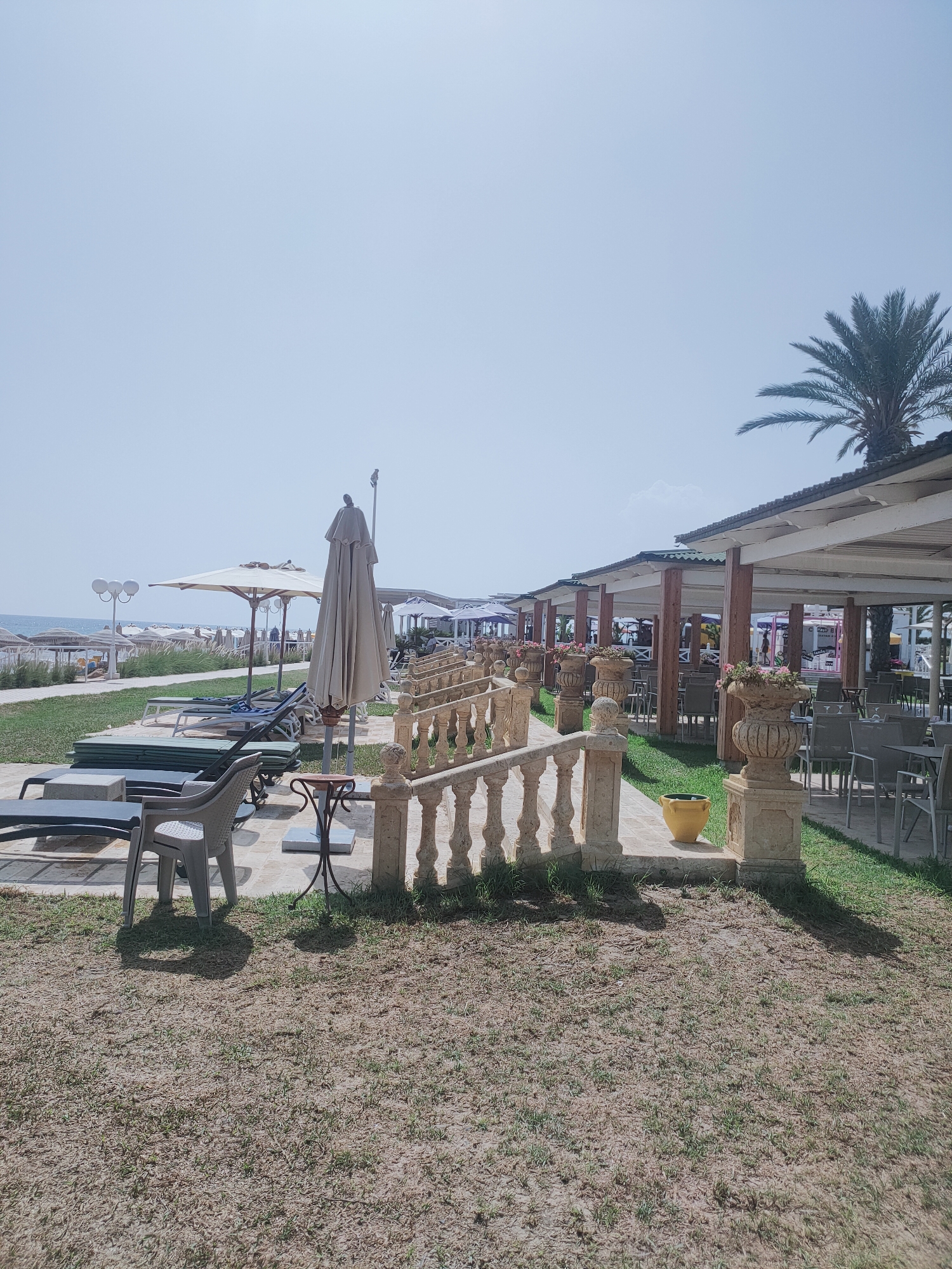 This image captures a daytime scene at a beachfront establishment in Nabeul, Tunisia. The foreground shows a patch of dry grass leading to a paved area with several plastic chairs and lounge chairs, some stacked. A small, dark metal table with a circular top sits near a white plastic chair. A beige, ornate balustrade runs along the right side of the paved area, bordering a strip of green grass. Beyond the grass, a row of covered seating areas with white roofs and wooden supports stretch into the background. These areas are furnished with tables and chairs, and some appear to be decorated with potted plants. In the middle ground, several closed beach umbrellas and lounge chairs are visible on the grass. Further in the background, more umbrellas and beach furniture are set up, leading towards the sea. The sea is visible as a light blue expanse under a clear, pale blue sky. A palm tree is visible towards the upper right of the frame, above the covered seating area. The overall impression is a serene, well-maintained outdoor dining and relaxation area by the beach.