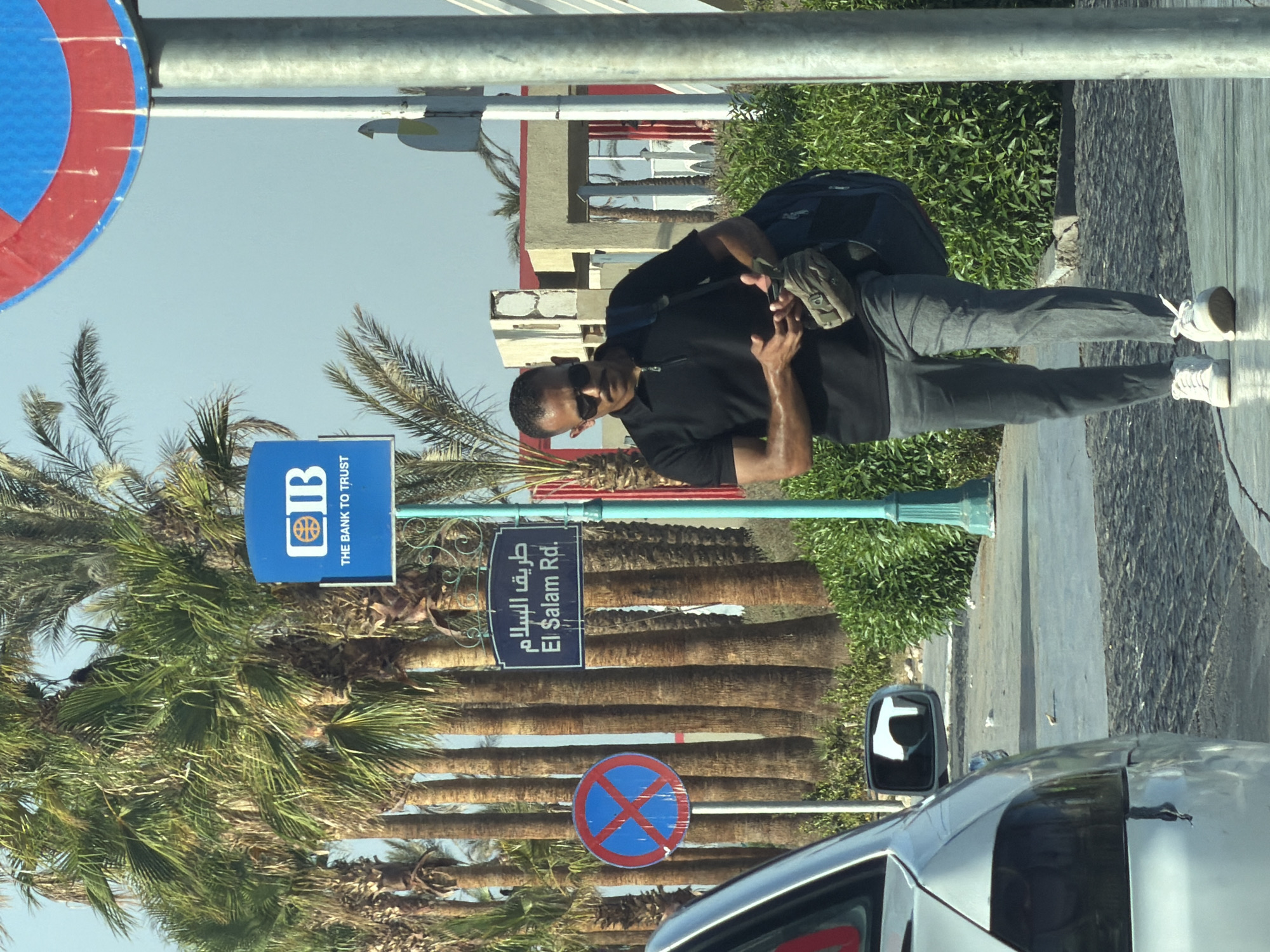 The image captures a street scene in Sharm El Sheikh, Egypt. A man, wearing a black polo shirt, grey trousers, and white sneakers, walks along a paved path. He is carrying a small bag slung over his shoulder and looking down at his phone. To the left of the man, a blue and white sign displays "IB THE BANK TO TRUST" and a red and blue circular traffic sign with a blue 'X' is visible. A street sign reading "طريق السلام El Salam Rd." is also present. The background features a row of palm trees, lush green bushes, and the facade of a building with red and tan architectural elements. The scene is illuminated by bright sunlight, suggesting a daytime setting.