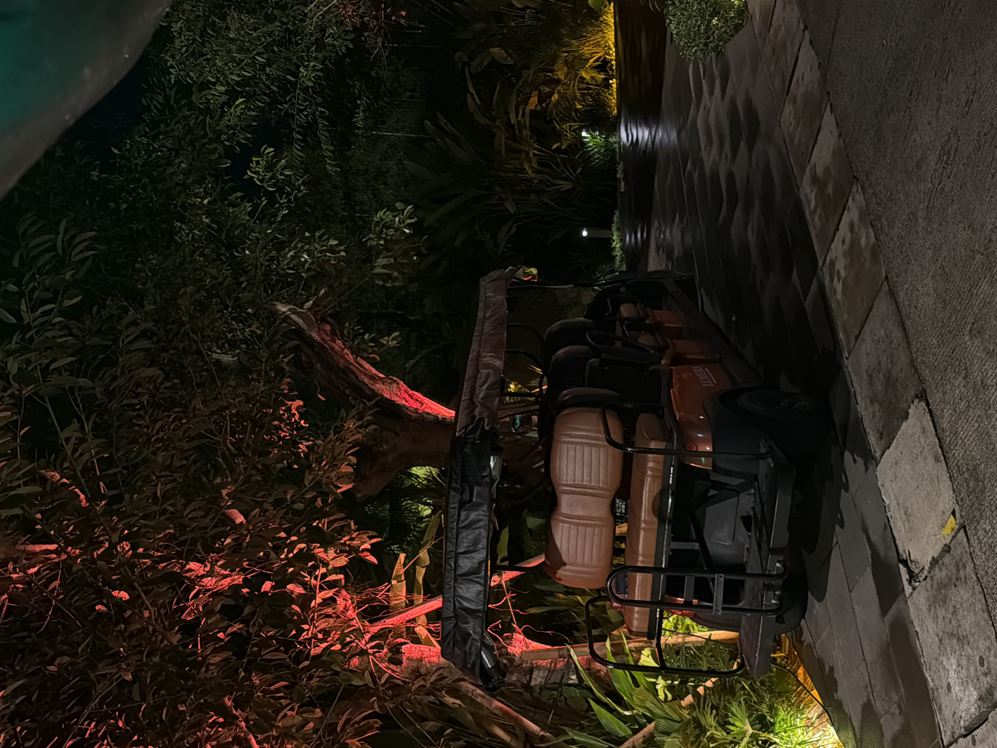 The scene depicts an outdoor nighttime environment in Unknown, Indonesia. A multi-passenger shuttle vehicle, dark orange/brown in color with a black canopy and tan/brown padded bench seats, is stationary on a dark, wet paved surface on the left. The vehicle's rear section, including a ladder, is visible, along with partially legible "LUMMERIA" branding on its side. Lush, dark green tropical foliage and trees densely surround the area. A prominent tree on the left is illuminated by red uplighting. Additional vegetation on the right side of the paved path is highlighted by yellow/warm white uplighting, with two small white pathway lights visible within the greenery. The foreground features lighter, square-shaped pavers, one of which is cracked; a small yellow object is present on this cracked paver. No individuals or active interactions are observed.