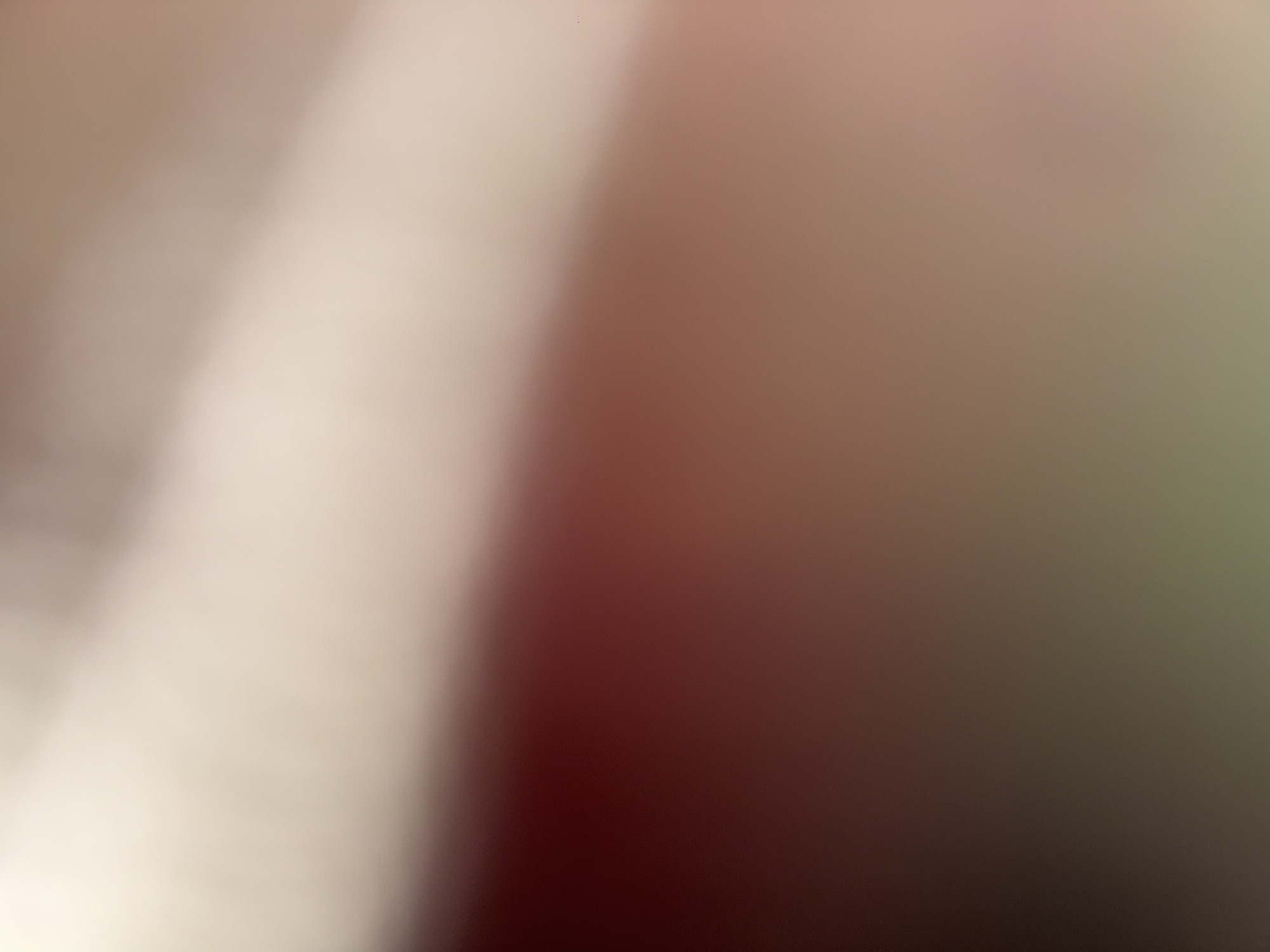 The image is a blurry, out-of-focus shot with gradations of color ranging from white to red to green. There are no identifiable subjects, objects, actions, or interactions. The environment is not discernible, and the location is unknown.