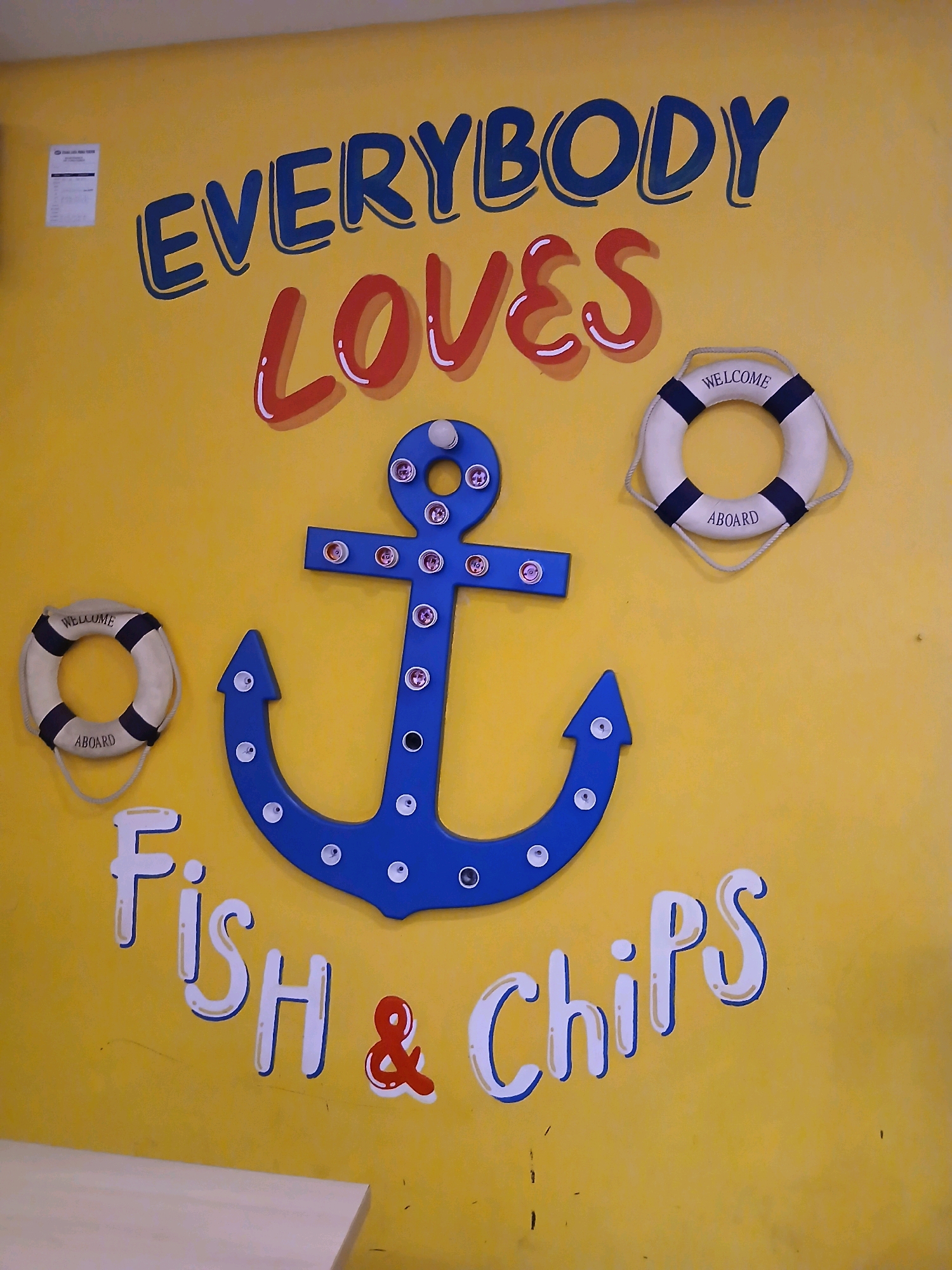 The image is a medium shot of a yellow wall decorated with nautical-themed art and lettering. Prominently featured is a large, blue anchor with decorative lights. To the left and right of the anchor are two small, white life preservers with black stripes; the one on the left reads "WELCOME ABOARD," and the one on the right reads "WELCOME ABOARD." Above the anchor and life preservers, large, colorful lettering spells out "EVERYBODY LOVES." Below the anchor, in similar stylized lettering, it reads "FISH & CHIPS." The overall presentation suggests a fun, casual establishment, possibly a restaurant. There are no people visible in the image. The wall itself appears to be clean and well-maintained, with a few very small dark marks that could be minor scuffs or specks of dust. The lighting suggests an indoor setting. This image appears to be taken in South Jakarta, Indonesia.