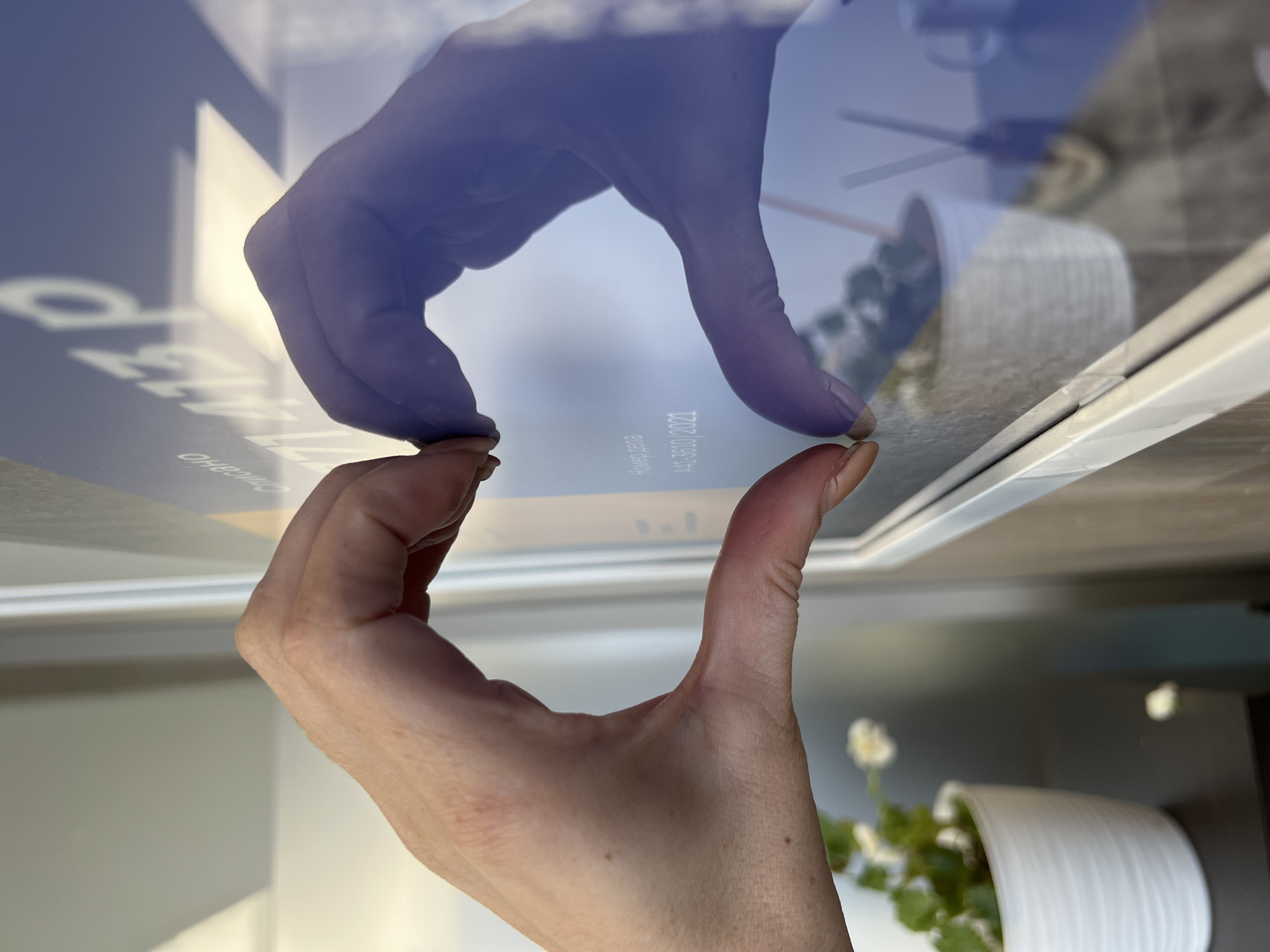 A photograph shows a person's hand in the foreground holding what appears to be a framed document or picture. The person's hand is on the right side, and their reflection is visible in the glass of the frame, making it look like they have two hands holding the frame. The reflection also reveals a glimpse of a potted plant with white flowers. The framed document includes the text "Nomer dela" (Case number) and "AAL-3610/2021" within the reflection. Another word in Cyrillic is partially visible, potentially indicating the city of "Perm" in Russia. The background includes a blurred view of what may be part of a room's interior and an outdoor scene. The photograph is taken indoors, and the focus is primarily on the person's hand and the reflected image on the framed document.