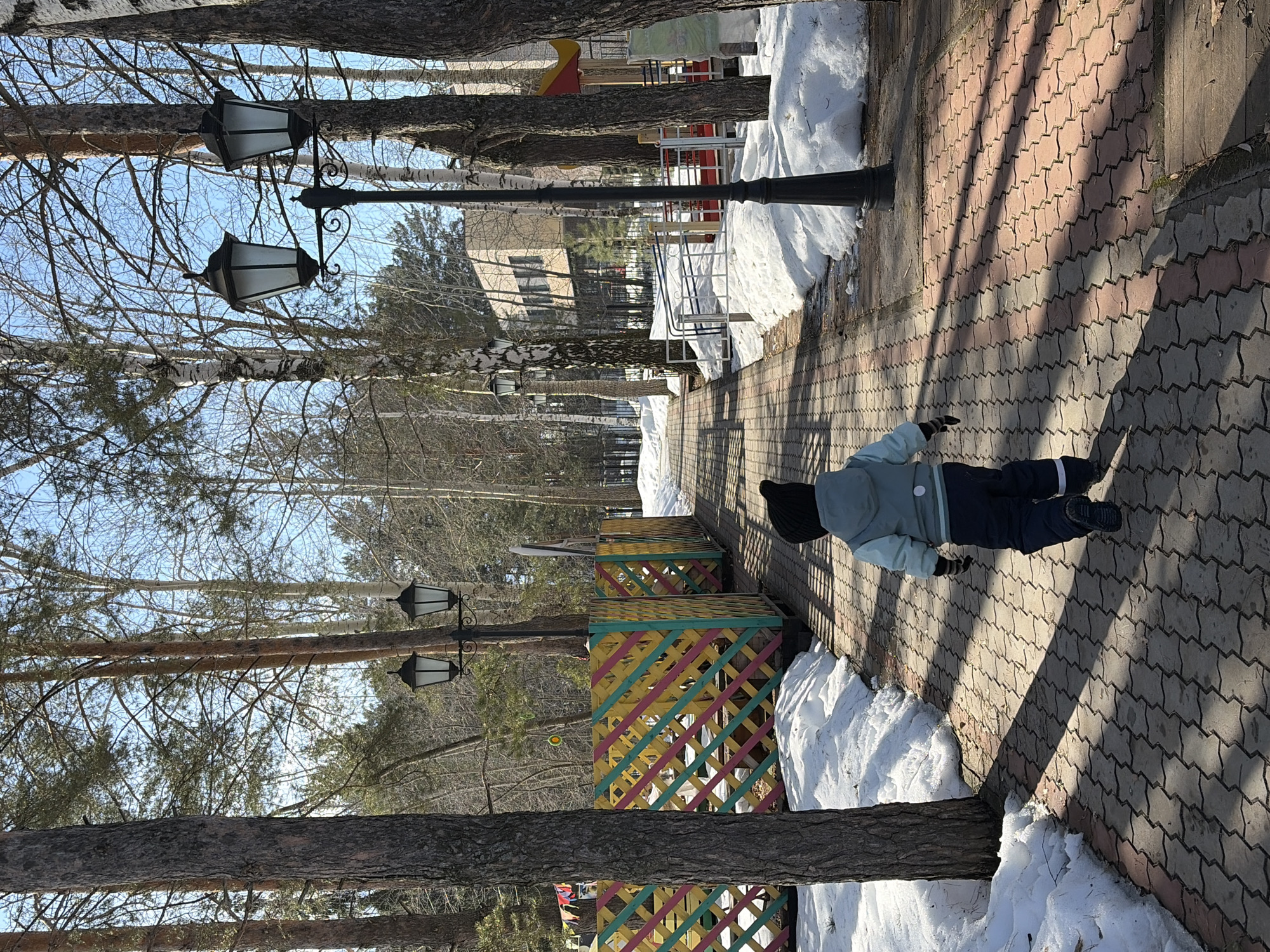 The image displays an outdoor scene in Chaikovsky, Russia, characterized by a paved pathway surrounded by trees and snow. A single young child, dressed in a light blue hooded jacket, dark blue trousers, black beanie, and black gloves, is observed walking away from the camera, centrally positioned on the interlocked brick paver path. The path shows strong shadows cast by bright sunlight. Patches of melting snow are evident along both sides of the pathway.
The environment is densely wooded with a mix of tall coniferous trees, primarily pines, and deciduous trees, including birches, many of which are bare-branched, indicating late winter or early spring. Along the left side of the path, a colorful wooden lattice fence, painted in diagonal stripes of green, yellow, and pink, partially obscures the area behind it. Several black, ornate streetlights, each featuring two frosted glass lanterns, are spaced along the path. In the middle distance to the right, a modern, light-colored building with dark-framed windows is visible through the bare trees. Closer to the foreground on the right, elements of a red and yellow playground structure are discernible behind a streetlight, adjacent to a metal ramp with handrails partially covered by snow.