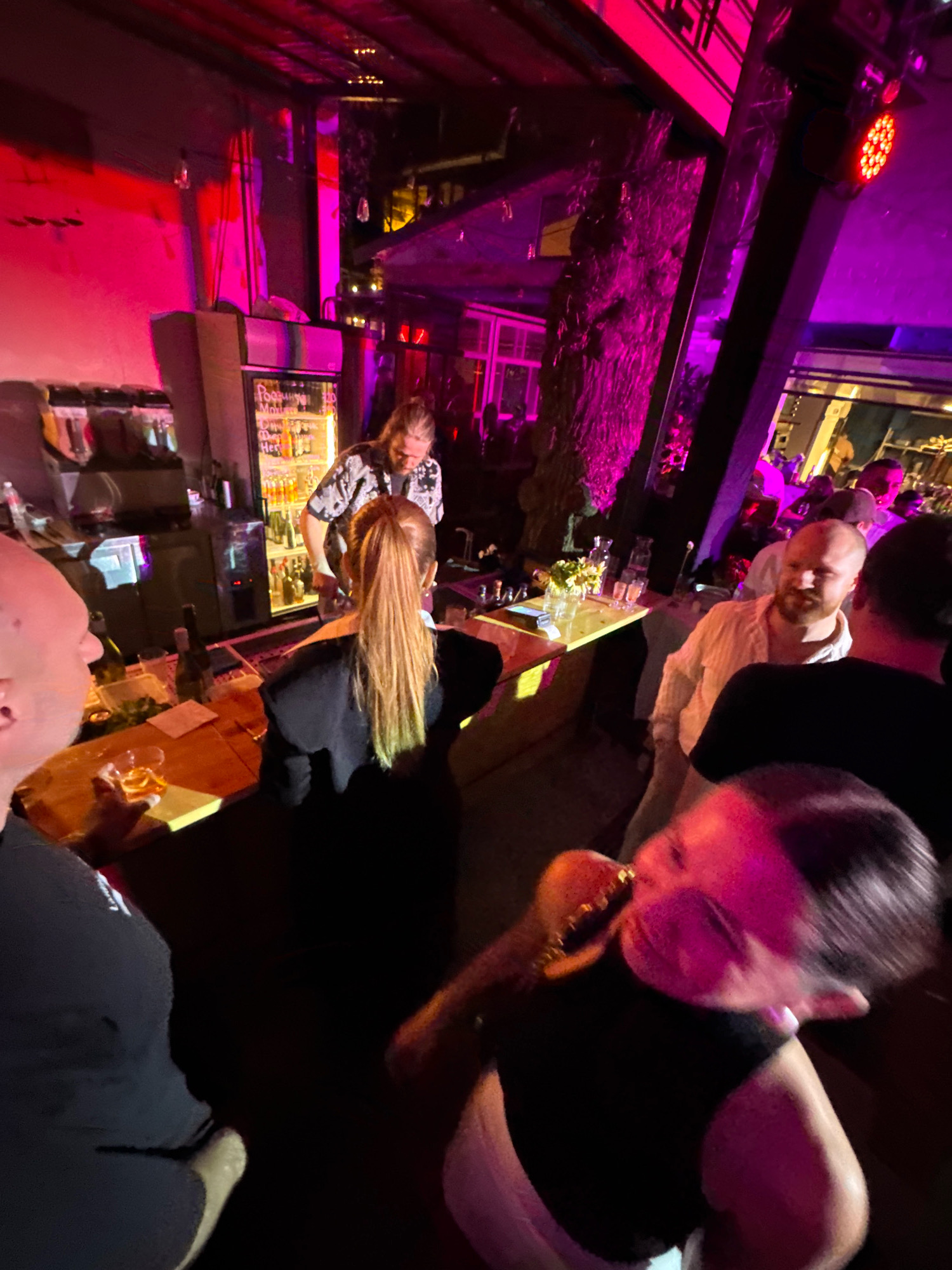 The image depicts a dimly lit indoor scene, likely a bar or club, with vibrant pink and purple lighting. In the foreground, a person with dark hair is seen from the back, leaning towards the right and seemingly drinking or talking. To their left, another person with a bald head is visible from the side, holding a drink.
Further back, behind a wooden bar counter, a bartender with long blonde hair tied in a ponytail is preparing drinks. They are wearing a patterned shirt. Behind the bar, bottles and glassware are visible on shelves and within a refrigerated display unit.
Several other individuals are present in the background, including a man with a beard wearing a light-colored shirt, and other patrons indistinctly seen in the ambient light. The environment appears to be a lively social gathering. The location is identified as Rostov-on-Don, Russia.