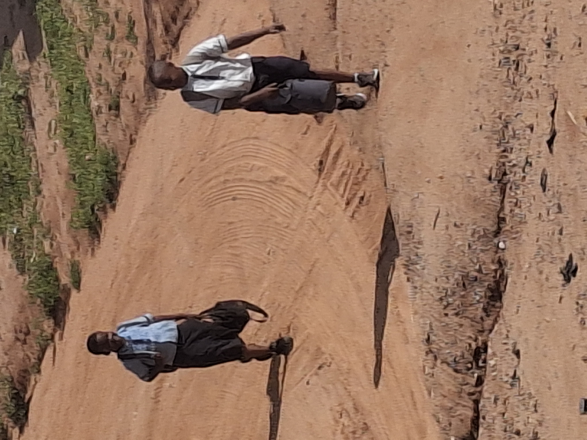 In Tumfure, Nigeria, two young students walk along a dusty, unpaved path. The student on the left wears a light blue short-sleeved shirt, dark shorts, and carries a black backpack. The student on the right is dressed in a white short-sleeved collared shirt, dark shorts, and also carries a dark backpack. Both students appear to be walking away from the viewer. The environment is dry and barren, with sparse green vegetation visible in the background. The ground is characterized by sand and tire tracks. The overall scene suggests a rural or developing urban setting.