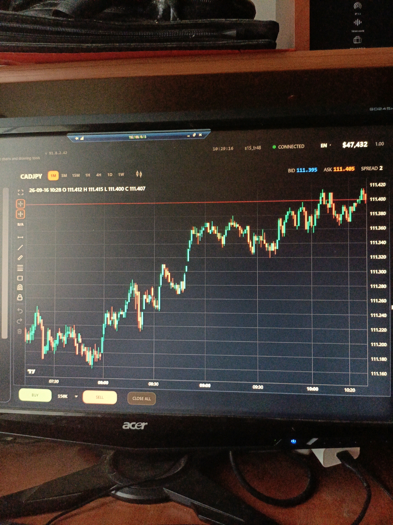 The image shows a computer monitor displaying a financial trading chart. The chart shows a candlestick graph for the CADJPY currency pair, with time stamps along the bottom axis and price levels on the right. The trading platform appears to be active, with connection status and account balance visible at the top. There are also buttons for buying, selling, and closing trades. The monitor is placed on a desk with cables visible and an Acer logo on the bottom bezel. The background suggests an indoor setting with some office-like furniture. The location of Ухманы, Russia is not indicated in the image.