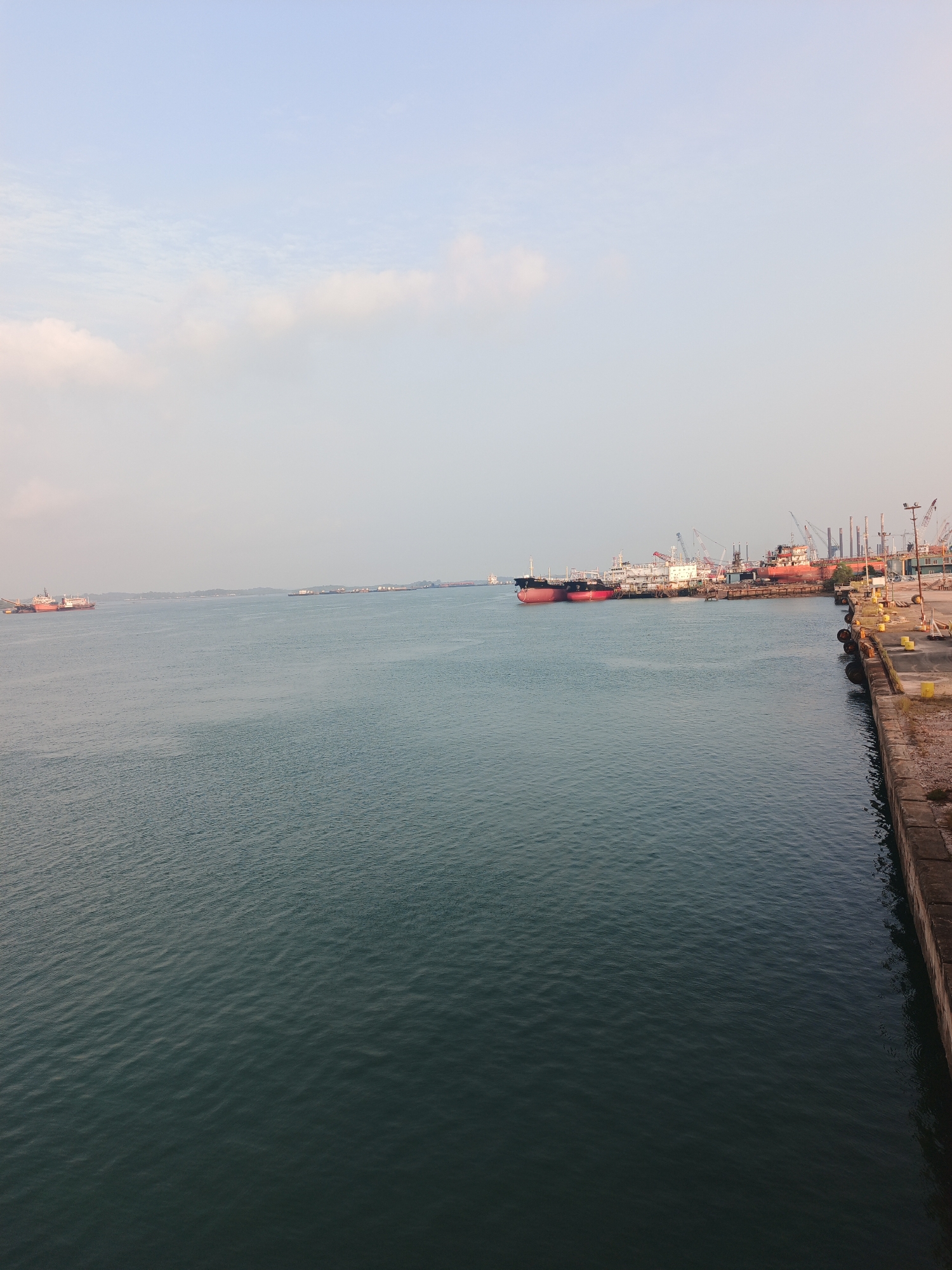 The image depicts a wide view of a harbor, likely in the city of Batam, Indonesia, given the presence of numerous ships and port infrastructure. The foreground features a body of calm, dark blue water, with a concrete pier on the right side of the frame. This pier has yellow bollards and dark fenders along its edge, suggesting it is used for docking vessels.
In the mid-ground, several large cargo ships are visible, some docked and others in the water. These ships are of various sizes and colors, with prominent red and black hulls among them. The ships appear to be either in port or at anchor.
The background reveals a hazy horizon with a faint line of land, possibly a coastline or other islands. The sky is pale blue with some wispy white clouds. Cranes and other industrial structures are scattered along the distant shoreline, indicative of a busy port or shipyard. The overall impression is one of a commercial maritime hub. There are no people visible in the image.