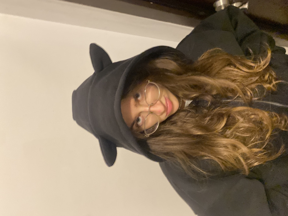 A medium close-up portrait depicts a young female positioned centrally indoors within the city of Sofia, Bulgaria. She wears a black zippered hoodie with the hood pulled up, which features two distinct, rounded ear-like protrusions at the top. Her long, wavy brown hair cascades over her shoulders and chest. She is wearing round, light-colored framed glasses, and a thin, light-colored necklace is visible around her neck. Her eyes gaze directly towards the viewer, and her mouth is slightly downturned, forming a subtle pout or frown. The background is a plain, light beige or off-white wall. On the far right, a dark vertical edge suggests a door frame, with a partially visible shiny, metallic doorknob or handle.