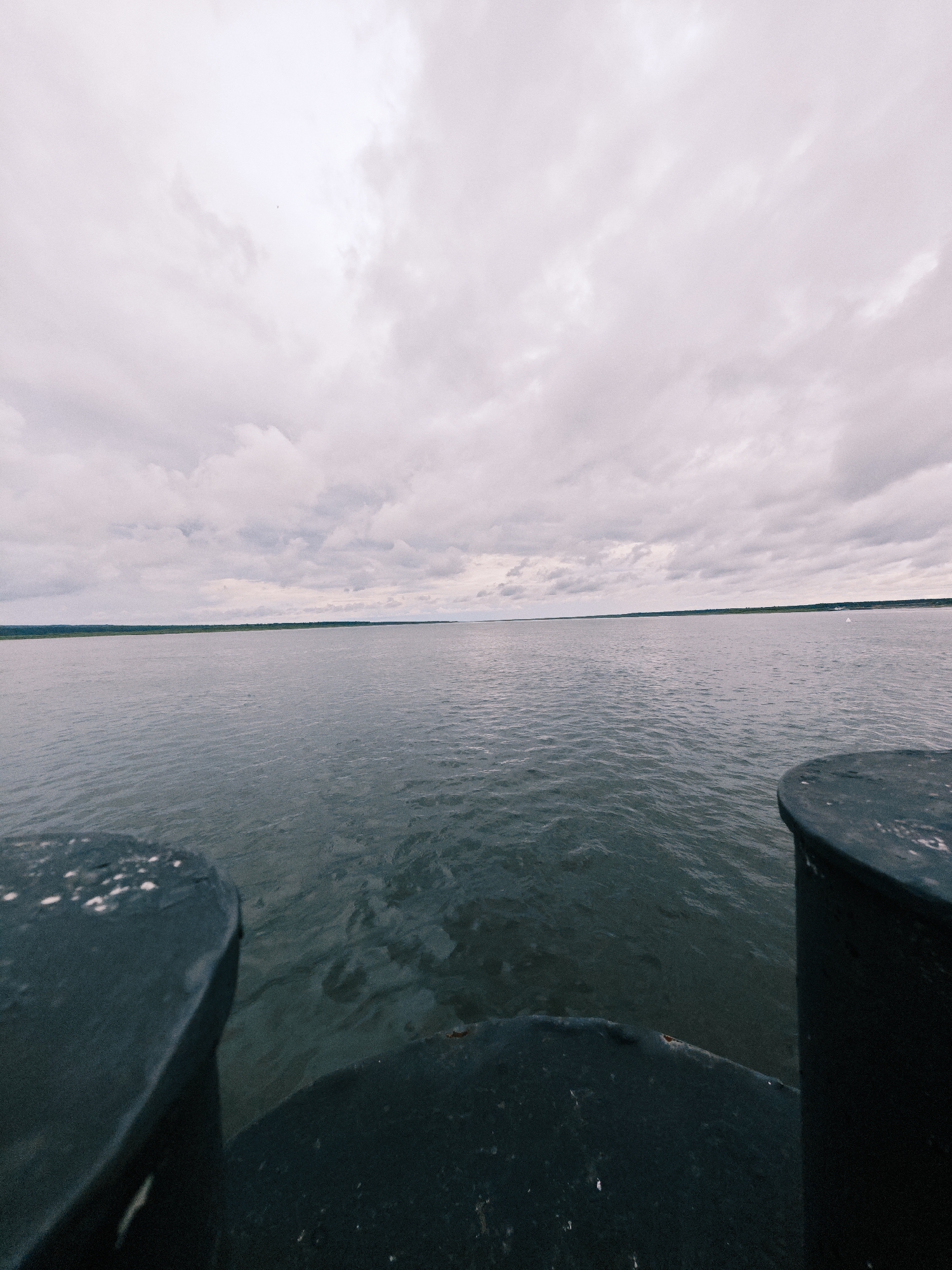 This is a wide-angle, low-angle shot of a large body of water, likely a river, from the perspective of a vessel. The water is dark and slightly choppy. In the foreground, two large, dark, rounded objects, possibly bollards or parts of the vessel's structure, frame the view. Beyond the water, a thin, dark line of trees marks the distant shoreline, which stretches horizontally across the frame. The sky is overcast with pale, textured clouds. The overall scene suggests a cloudy day on a waterway near Zotino, Russia.