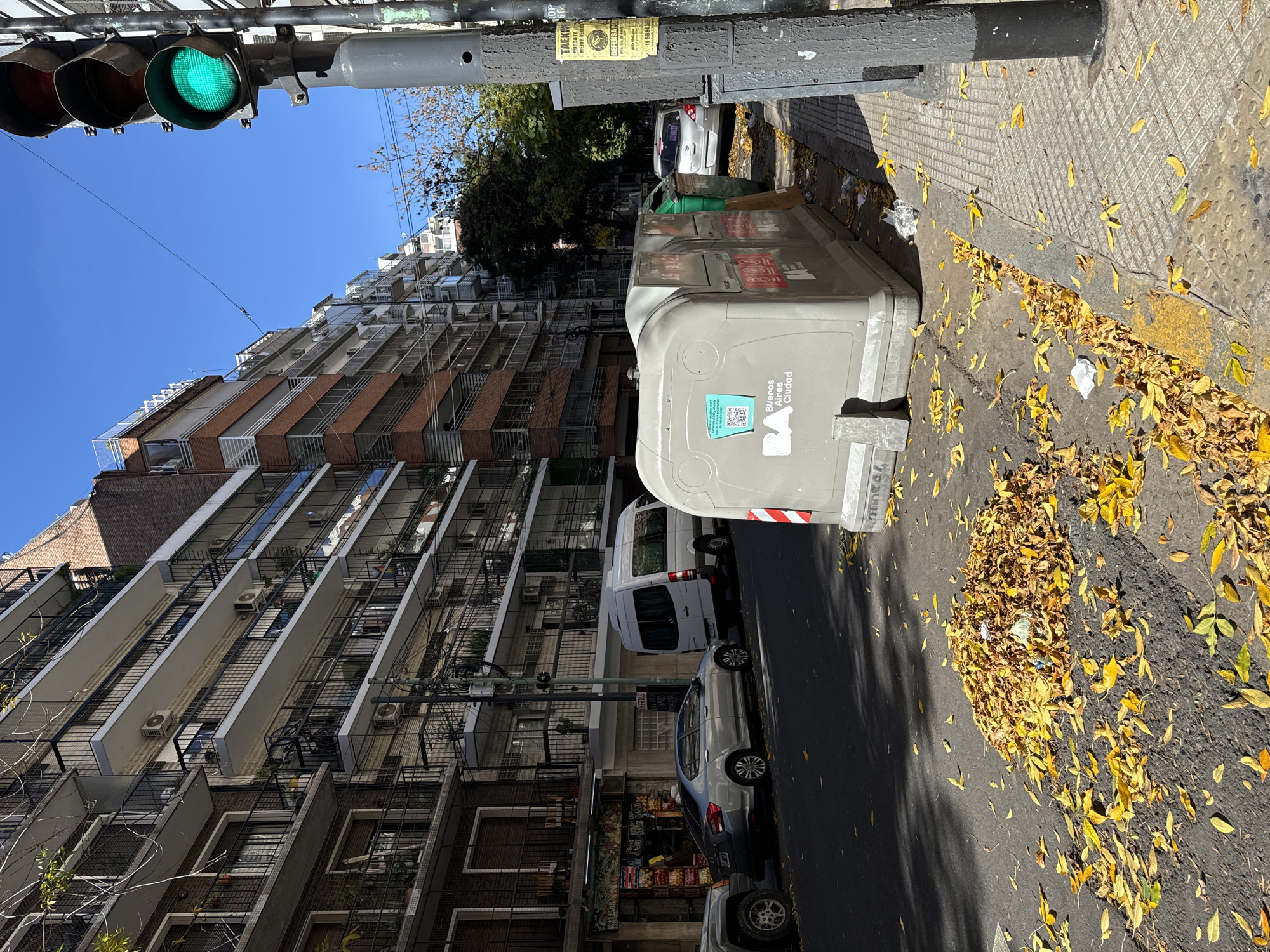 The image depicts a street scene in Buenos Aires, Argentina. In the foreground, a gray recycling bin with a "Buenos Aires Ciudad" logo and QR code sits on the sidewalk. Fallen yellow leaves are scattered on the pavement around the bin. A traffic light showing a green light is visible at the top left. The street has several parked vehicles, including a white van. Behind the bin, there is a multi-story building with balconies and air conditioning units. The sky is clear and blue. A street sign is visible on a gray post with the garbage can. Fruits and vegetables are visible inside a store front at the base of the apartment building.