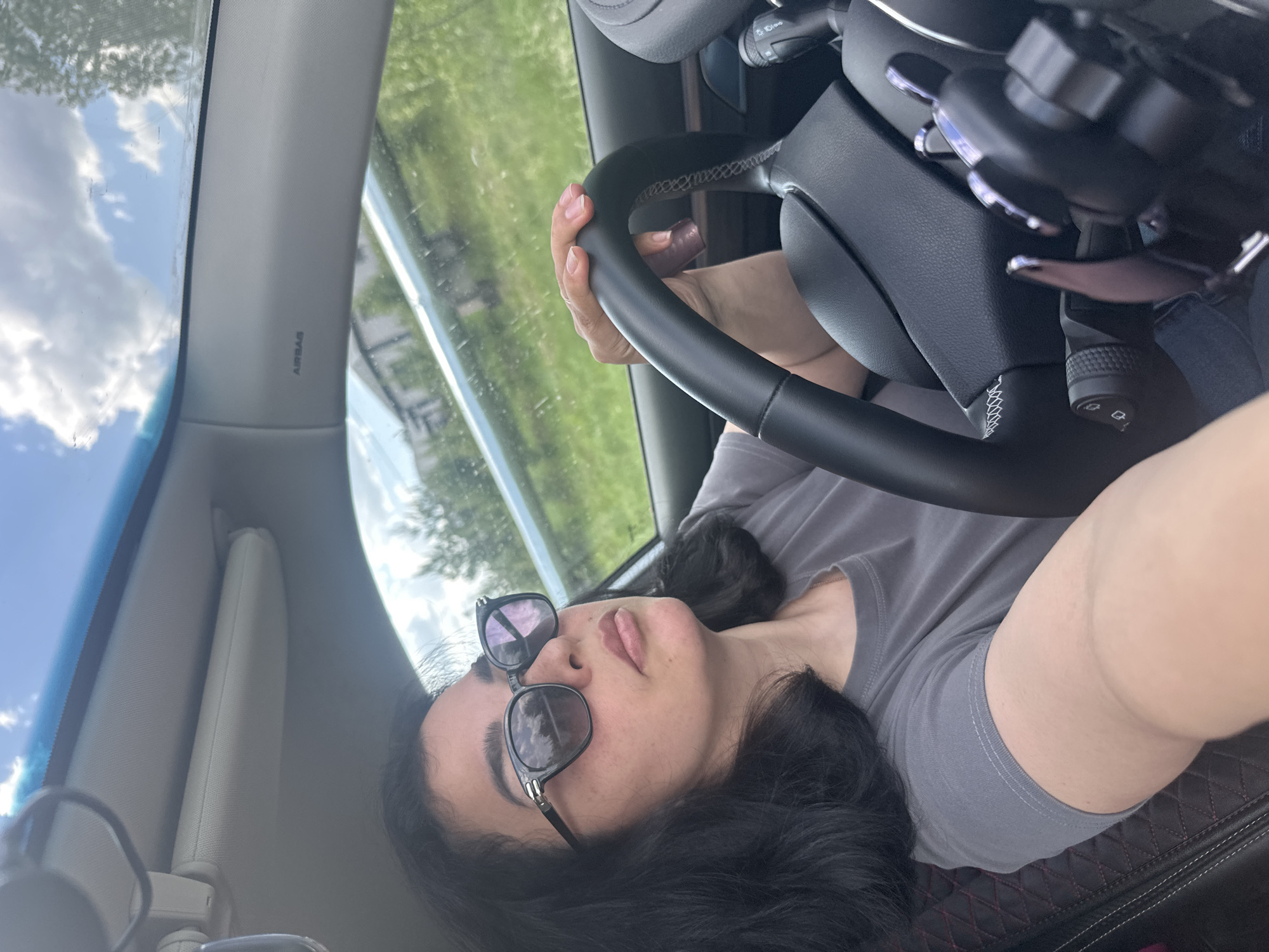 The image shows a person inside a car, wearing sunglasses and a gray t-shirt. They are holding the steering wheel with one hand. The environment visible through the car window suggests an outdoor setting with greenery, possibly a road or highway. The interior of the car is visible, including the dashboard and seats. The location in the city is unknown.