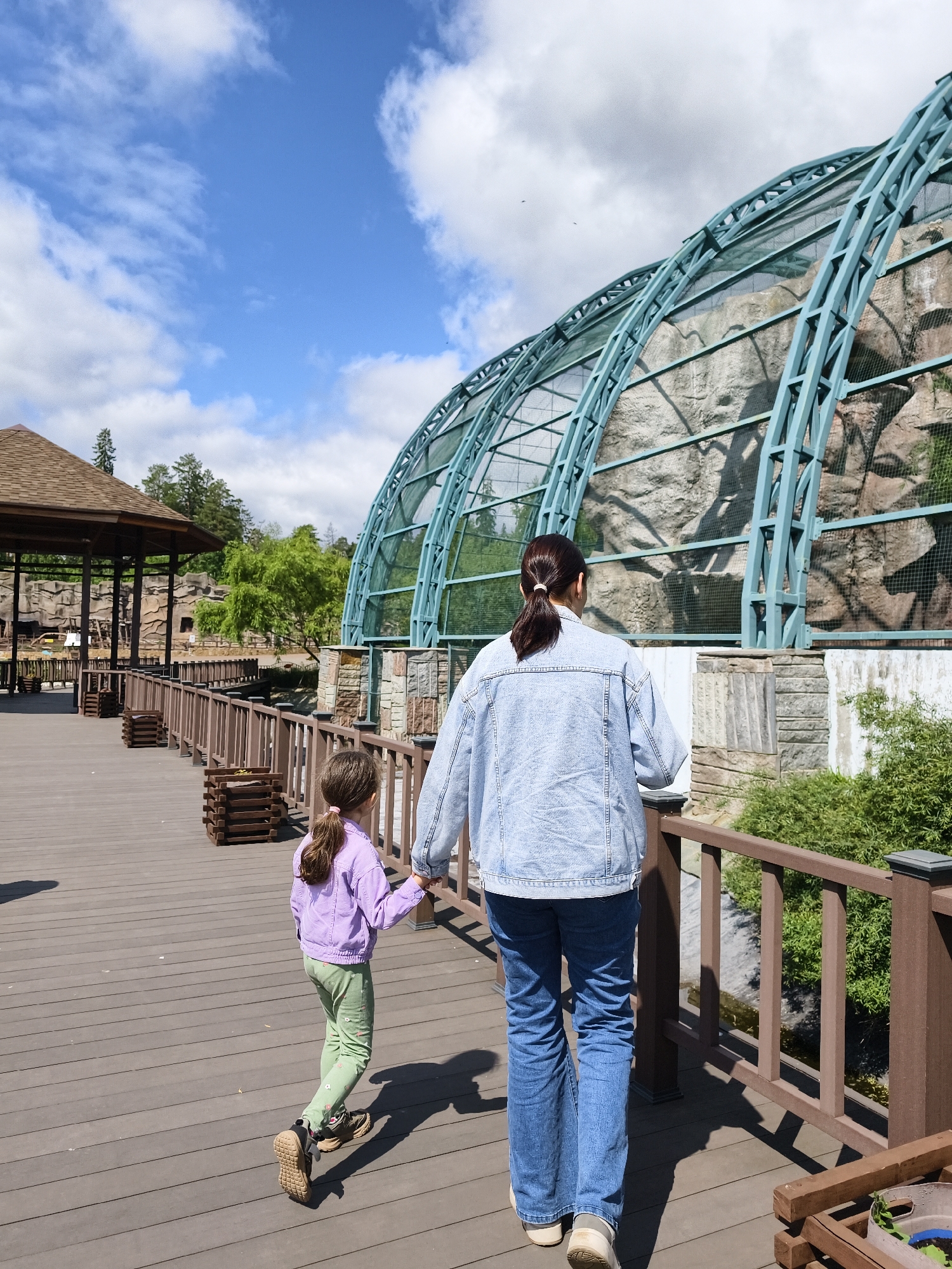 A bright, sunny day captures a woman and a young girl walking hand-in-hand along a wooden boardwalk in what appears to be a zoo or park in Izhevsk, Russia. The view is from behind the subjects, as they move away from the camera.
The woman, with dark hair tied in a ponytail, wears a light blue denim jacket and blue jeans. The young girl, also with her hair in a ponytail, is dressed in a light purple jacket, light green patterned pants, and dark sneakers. Their shadows are visible on the wooden planks of the boardwalk, suggesting the sun is overhead or slightly to their left. Dark brown wooden railings line the right side of the boardwalk.
To the right, a prominent architectural feature is a large, arched structure with a blue metal framework covered in mesh or netting, enclosing a rock-like landscape. This design is characteristic of a large aviary or animal enclosure. On the left side of the boardwalk, a multi-sided wooden gazebo with a brown roof is visible, further indicating a recreational park or zoo setting. Beyond these structures, lush green trees and foliage are seen, under a vibrant blue sky dotted with scattered white clouds. The clear skies and bright sunlight suggest it is daytime, likely mid-morning or early afternoon. No visible text is present in the image.