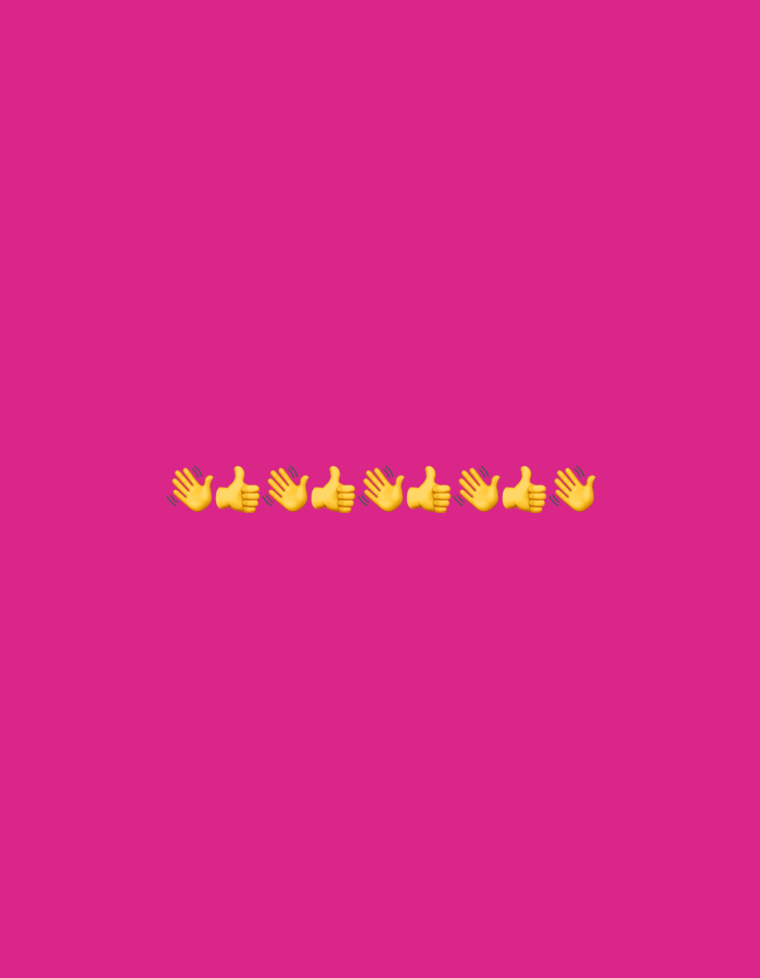 A bright pink background is adorned with a row of six yellow emojis along the bottom edge. The emojis alternate between a raised hand with fingers spread and a thumbs-up gesture. The image has no discernible location in Gorzow, Poland, nor any people, actions, or interactions depicted.