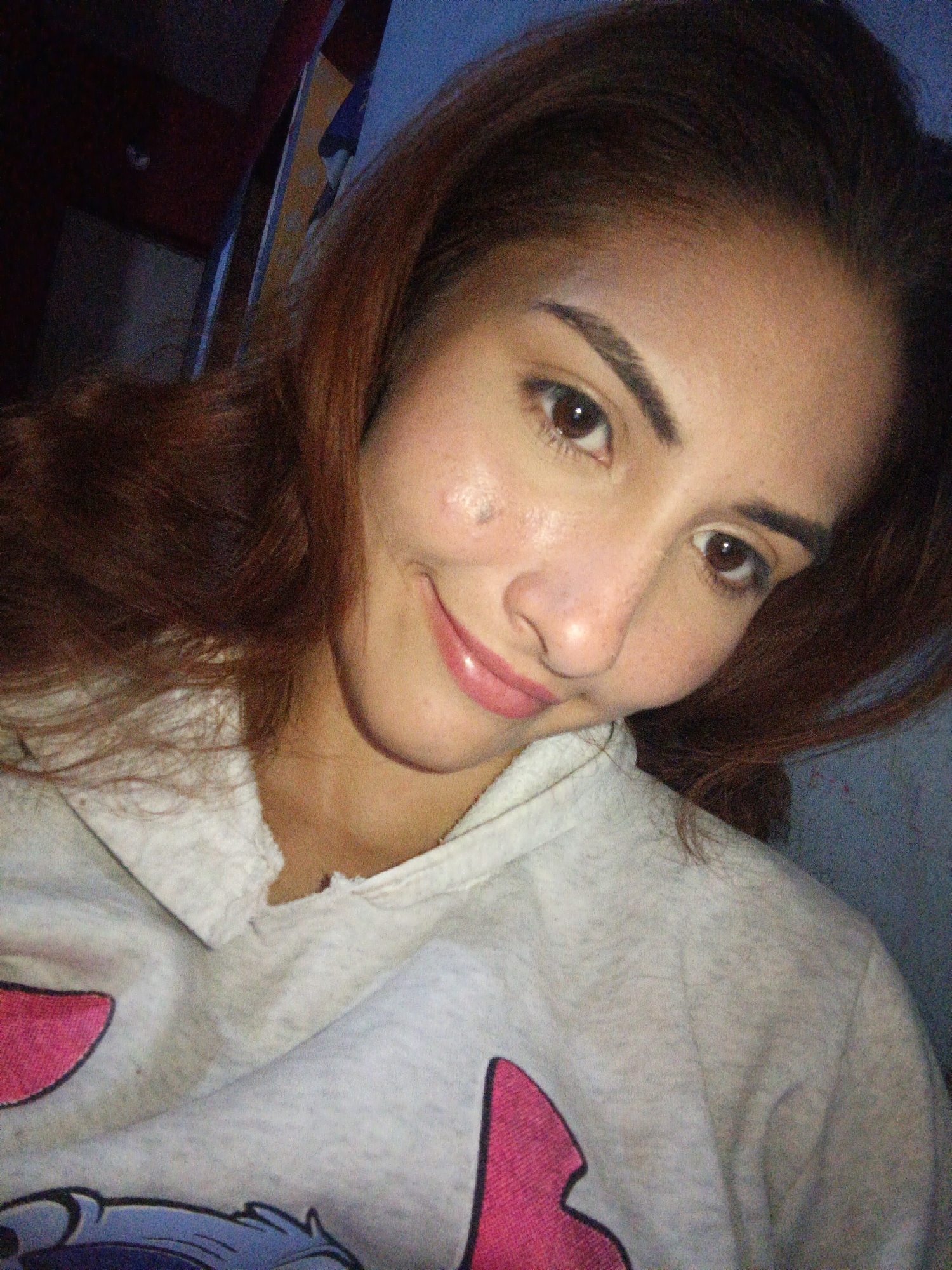 A young adult female is depicted in a close-up, chest-up image, with her head slightly tilted. She has long, reddish-brown hair, dark brown eyes, and a light-to-medium complexion with visible freckles on her left cheek. Her lips are slightly parted in a subtle smile, enhanced with light pink lip color. She is wearing a light grey hooded sweatshirt with a visible white collar. A prominent pink graphic is on the right side of her chest, and a partial dark blue/purple graphic, consistent with an animated character, is visible at the bottom left of the frame. The background is dimly lit and out of focus, featuring dark, indeterminate structures on the left and a dark blue surface on the right. The scene is located in Juan Griego, Venezuela.