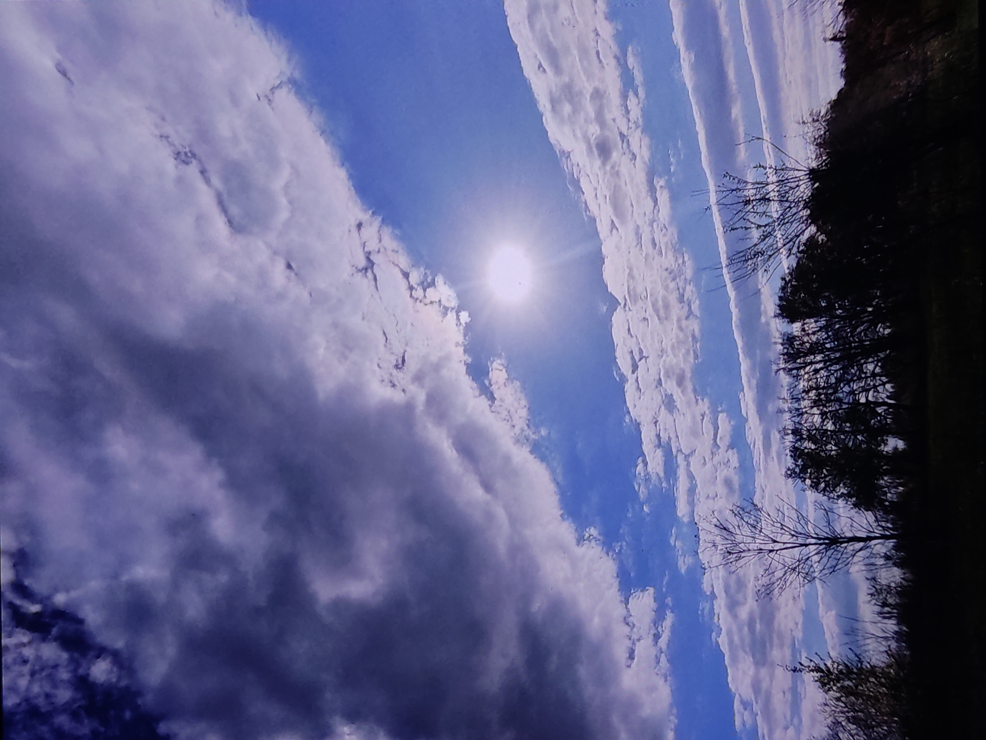 The image shows a sky with scattered clouds and the sun visible as a bright orb. The lower left portion of the image is dominated by the silhouetted shapes of trees and vegetation, suggesting a natural or rural landscape. The sky transitions from a deep blue to lighter shades where the sun is, with clouds ranging from white and wispy to darker, more ominous gray formations. The scene appears to be captured from a ground-level perspective, looking upwards towards the sky. The image does not provide any specific landmarks or details that would allow for pinpointing its exact location within Marianivka, Ukraine. There are no people, animals, or specific objects indicative of urban activity.