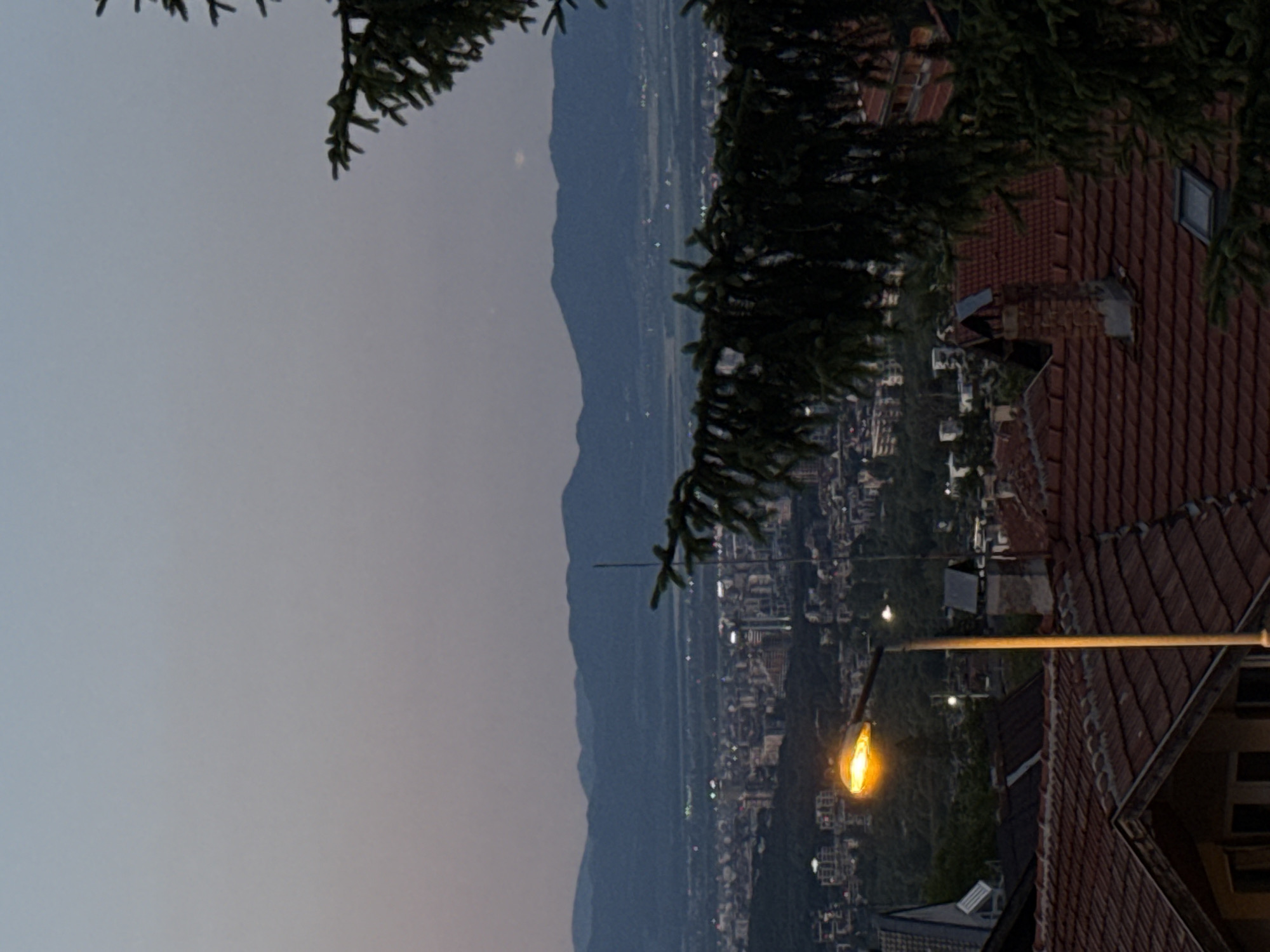 The image depicts a twilight view of Sofia, Bulgaria, looking east from a high vantage point. In the foreground, the red-tiled roofs of residential buildings are visible, along with a distinctive brick chimney. A street lamp with a bright yellow light illuminates the scene from the lower left.
In the middle ground, the cityscape of Sofia unfolds, characterized by a dense arrangement of buildings, including apartment blocks and some taller structures. Numerous lights are visible twinkling throughout the urban sprawl, indicating that it is evening. The city extends towards a distant plain.
The background is dominated by a range of subdued, dark blue mountains that form a natural horizon. The sky above is a soft gradient of pale blue and grey, indicative of dusk. A large coniferous tree branch, dark green and detailed, partially frames the scene from the upper right.
The image captures a serene urban landscape at the transition from day to night. There are no people or explicit actions depicted, rendering the scene a static observation of the city and its surroundings.