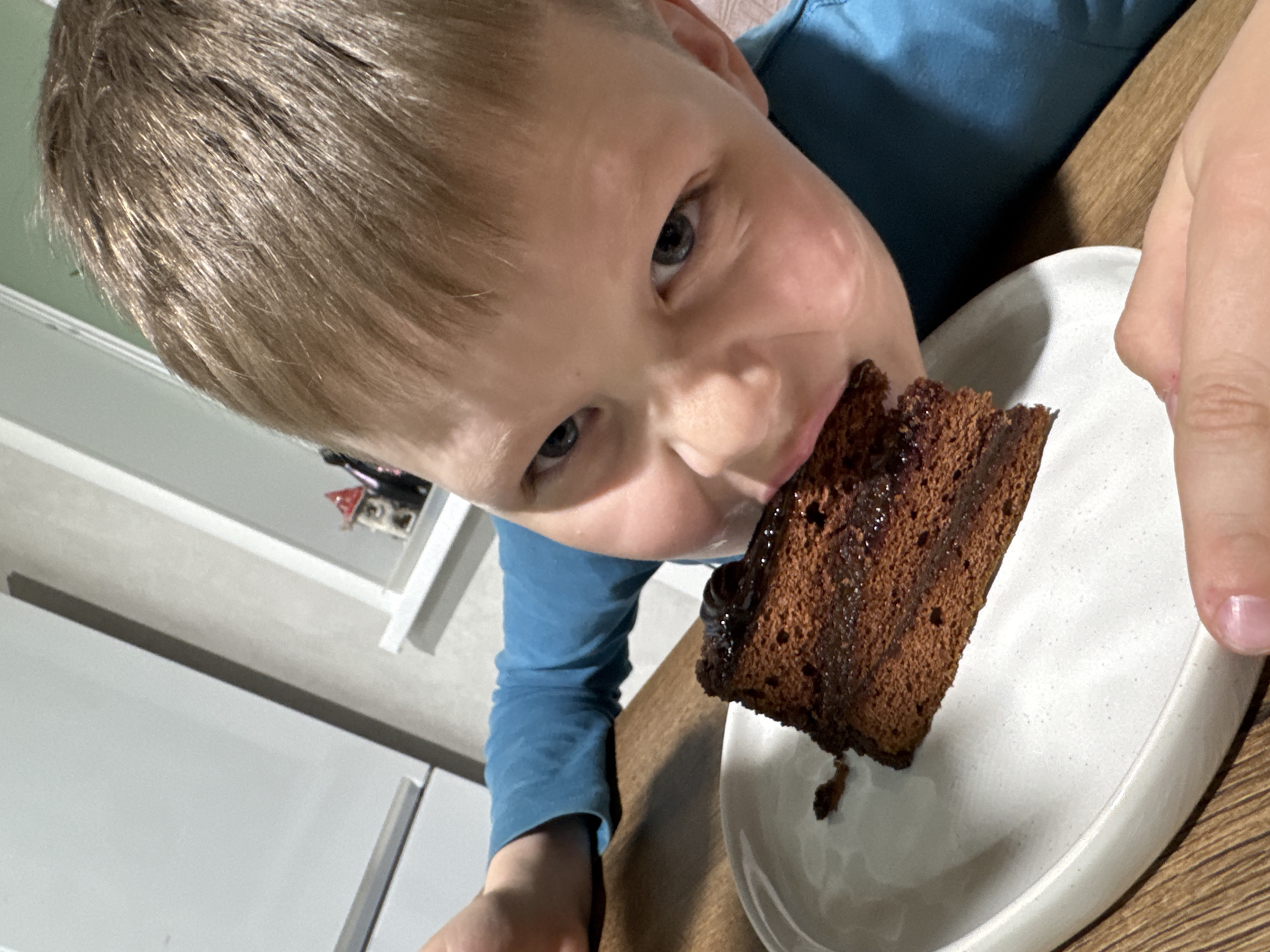 A young boy is depicted in a close-up, high-angle shot, actively eating a slice of chocolate cake. His mouth is open, with cake crumbs and glaze visible around it, as he takes a bite from the dark brown, multi-layered dessert. The cake appears to have a glossy topping and a darker filling, possibly jam or additional chocolate. The boy has light brown hair and blue eyes, which are wide and focused on the cake, conveying an expression of enjoyment and concentration. He is wearing a blue long-sleeved shirt and appears to be holding the white ceramic plate, which has a textured surface, with his left hand; part of his right hand is also visible.
The scene takes place indoors, likely at a wooden table or countertop, suggesting a home environment in Gornyi (Dvurechenskoe S/P), Russia. In the blurred background, white cabinets or walls are visible, along with a small decorative item resembling a miniature house with a red roof on a shelf. The lighting suggests an indoor setting, without specific cues for the time of day. No visible text is present in the image.