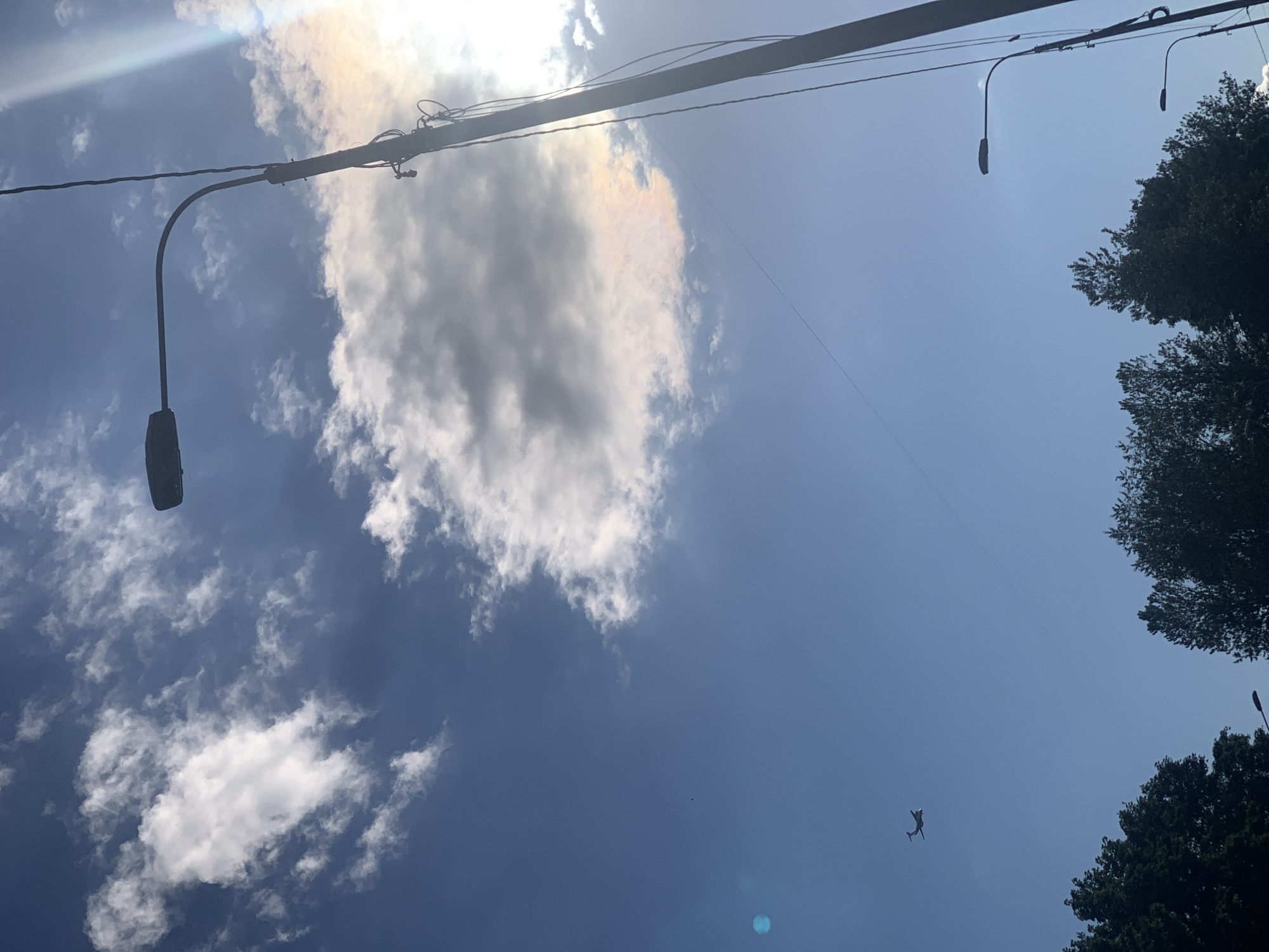 This is a low-angle shot of a bright, sunny sky with scattered clouds, suggesting it is daytime. The sun is high, causing some lens flare and creating a subtle rainbow effect on a larger cloud formation. Overhead, there are power lines and streetlights, indicating an urban or suburban setting. Two streetlights are visible, one on the left with its arm curved downwards and a dark casing, and another on the right, also with a dark casing. On the far right and top right of the image, the tops of dark green trees are visible.
In the center-right of the image, a small, dark silhouette of a person can be seen in mid-air, appearing to be either falling or jumping. A thin wire is visible extending from the top left to the middle right of the frame, possibly a zipline or a thin cable. The sky is a clear, vibrant blue, with smaller, wispy clouds scattered across it. The overall impression is a bright, possibly summer day. The location context provided is Kolpino, Russia. No text is visible in the image.