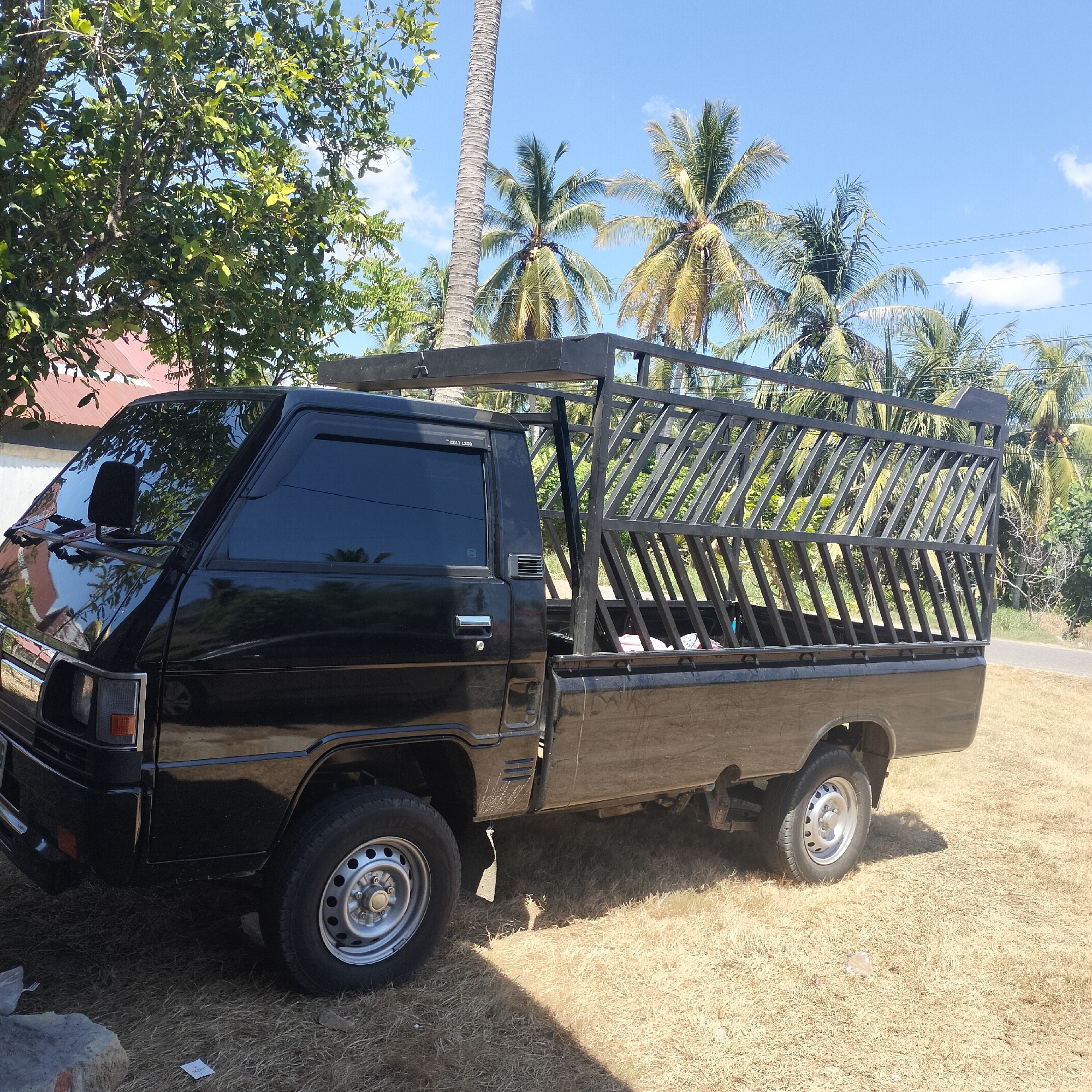 A black Mitsubishi L300 pickup truck with a custom-built metal cage on its bed is parked on dry grass. The location appears to be in Merbopuntong, Indonesia. The truck faces left. The front passenger window has a sun visor with "COLT L300" in white lettering. Palm trees are visible in the background against a clear blue sky with scattered clouds. A building with a reddish-brown roof is visible on the left, partially obscured by foliage.