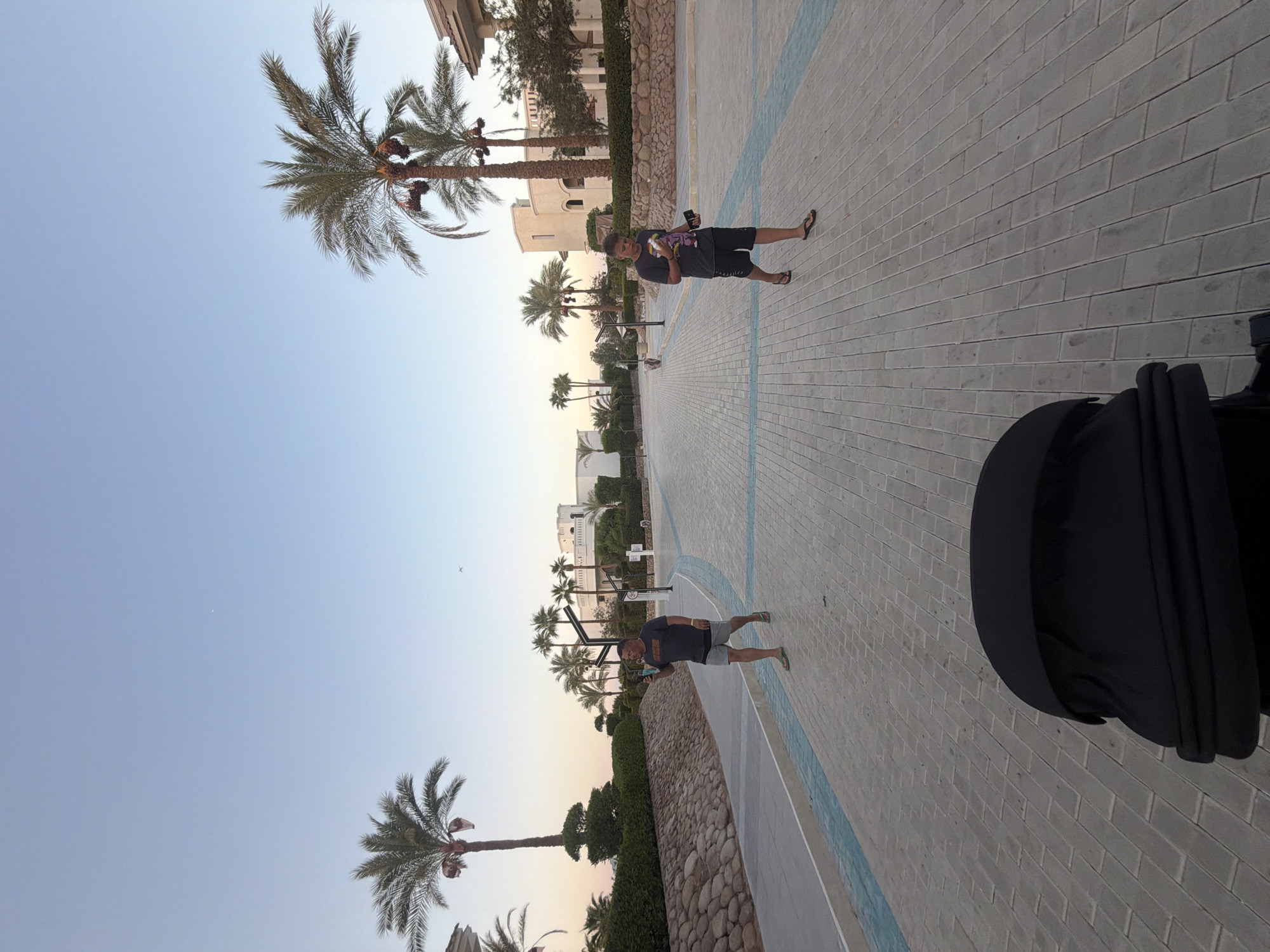Two men are walking on a paved pathway lined with palm trees and low stone walls. In the foreground, a black baby stroller is visible. The sky is a clear, pale blue, suggesting either early morning or late afternoon. The architecture in the background appears to be resort-style buildings. The location is confirmed to be Sharm El Sheikh, Egypt, known for its palm-lined streets and resort developments.