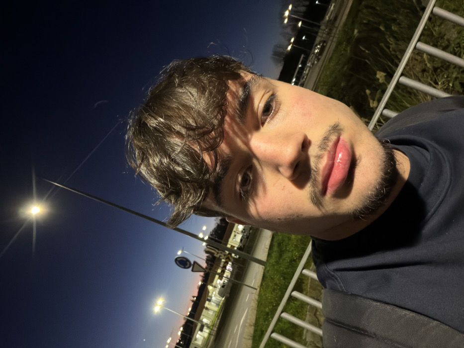 The image presents a close-up, selfie-style portrait of a young male, estimated to be in his late teens or early twenties, captured outdoors at dusk or night in Penafiel, Portugal. The subject possesses dark, wavy hair, distinct eyebrows, a mustache, and a short beard. He wears a dark, possibly navy, crew-neck t-shirt, with the strap of a dark backpack visible over his left shoulder. His gaze is directed forward, into the camera lens.
The background reveals a transitional environment. The sky is dark blue, indicating evening or night, with a faint crescent moon visible in the upper right quadrant. Artificial illumination is a dominant feature, with a bright street lamp positioned directly behind the subject, generating a starburst effect. Multiple additional streetlights are visible, illuminating a paved area, which appears to be a road or parking lot, where several vehicles are faintly discernible. Buildings with illuminated interiors/exteriors are present in the mid-distance, suggesting a commercial or developed urban area. Green grass and scattered vegetation are visible along the paved surface. A metal railing, consisting of horizontal bars, occupies the lower foreground, partially obscured by the subject. Traffic signs, including a circular sign with a red border, are present in the mid-ground.