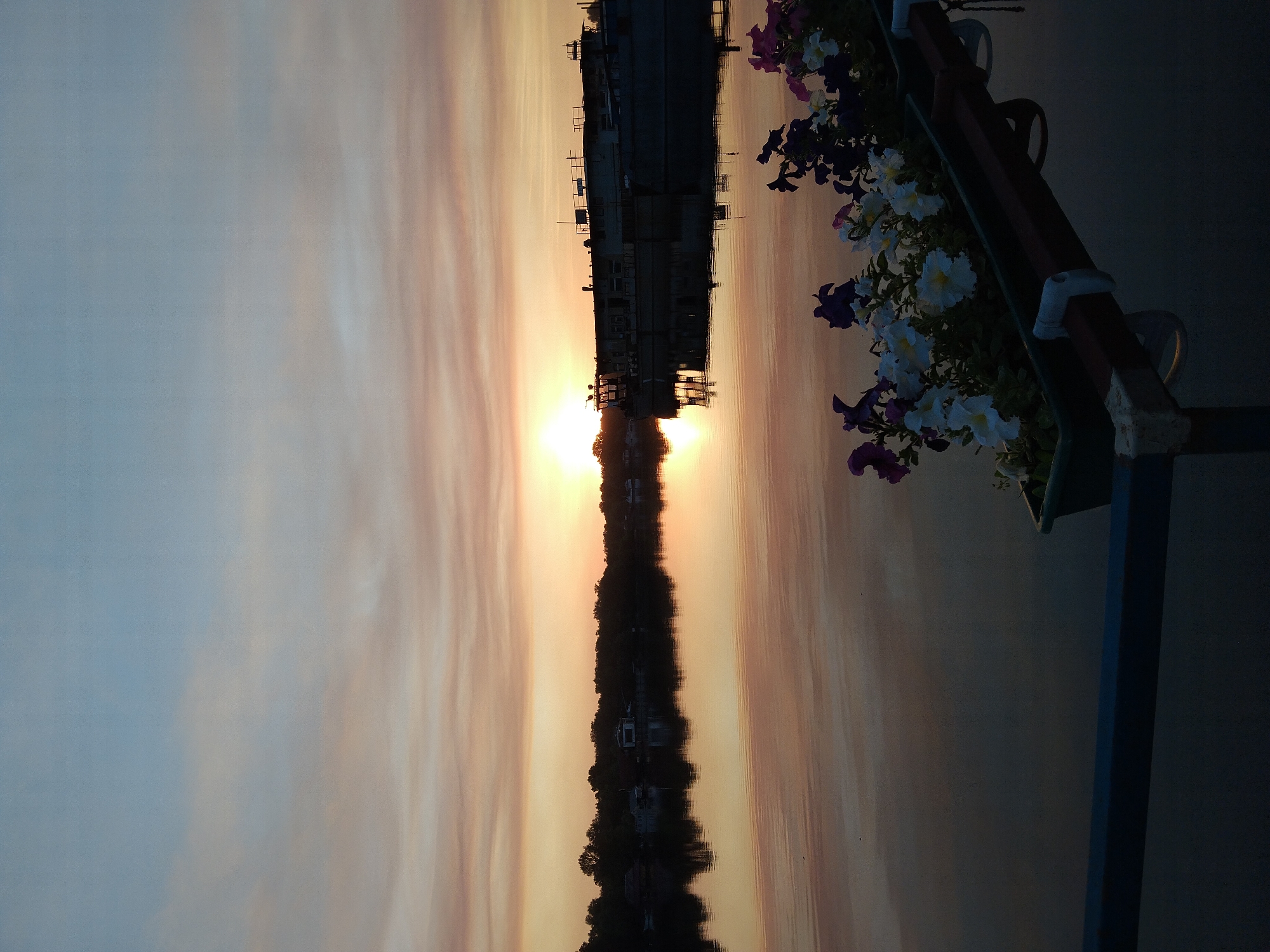 The image depicts a sunset scene over the Dnipro River in Kyiv, Ukraine. The sky is painted with hues of orange, pink, and blue, reflecting on the calm water. In the distance, a silhouetted shoreline with trees and buildings is visible. A large barge or industrial structure is positioned in the middle ground, partially submerged and with its reflection mirrored in the river. In the foreground, a planter box filled with purple, white, and pink petunias is mounted on a railing, adding a touch of vibrant color to the twilight setting. The overall atmosphere is serene and picturesque.