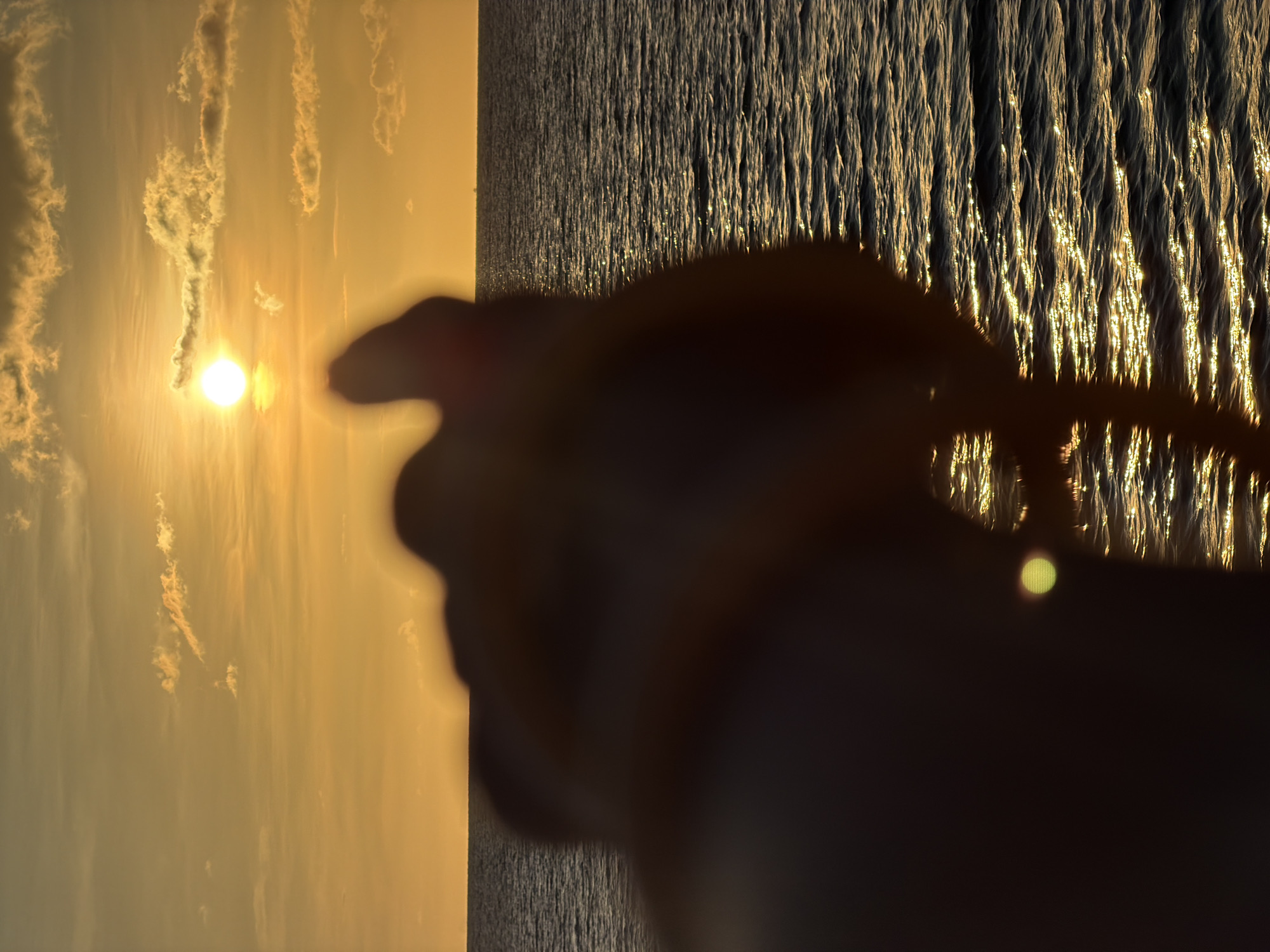 The image depicts a sunset over the ocean. The sun, a bright orb, is visible in the upper center of the frame, casting a warm golden glow across the sky and illuminating the rippling water. A silhouette of a hand is in the foreground, partially obscuring the view of the sunset and the sea. In the distance, a faint structure, possibly a buoy or a small boat, is visible on the horizon. The scene suggests a peaceful moment by the sea at dusk. While the image does not explicitly show Baan Plai Laem, Thailand, the description of a sunset over the ocean aligns with coastal areas in Thailand.