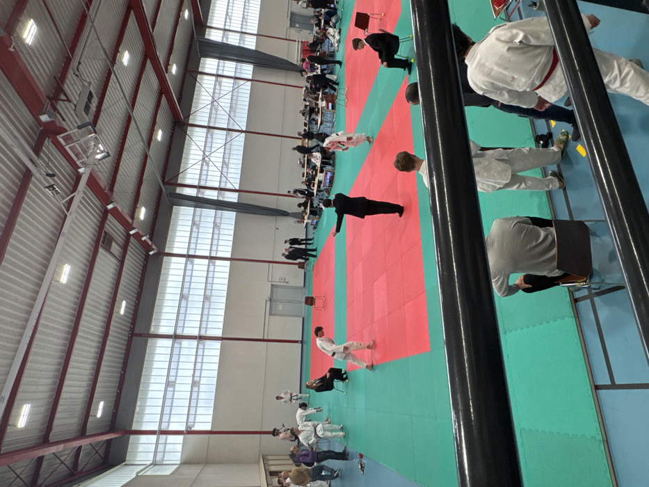 This image depicts an indoor martial arts event, specifically judo, within a large gymnasium or sports hall located in Brumath, France. A central competition area is formed by interlocking red and green mats. On the mat, a male referee in a dark suit stands with his right arm extended horizontally, facing a male competitor in a white judogi who is in the process of bowing.
Around the mat area, numerous individuals are present. To the left, a group of spectators and participants, some in white judogis, stand and observe. To the right, beyond the competition mat, several long tables are set up with seated individuals, laptops, and paperwork, suggesting official scoring or administrative stations. Two individuals sit on simple chairs adjacent to the mat: one in a dark suit on the right, and another in a black top on the left. In the immediate foreground, a black railing partially obscures other participants and observers, including one individual seated in a grey top and another in a white judogi.
The venue features a high, pitched ceiling with exposed red metal trusses and corrugated roofing, from which rectangular fluorescent light fixtures are suspended. The upper sections of the walls contain numerous horizontal window panels, providing natural light, while lower walls are light-colored. Dark support pillars are visible along the walls, and dark curtains are present on the right side of the hall.
