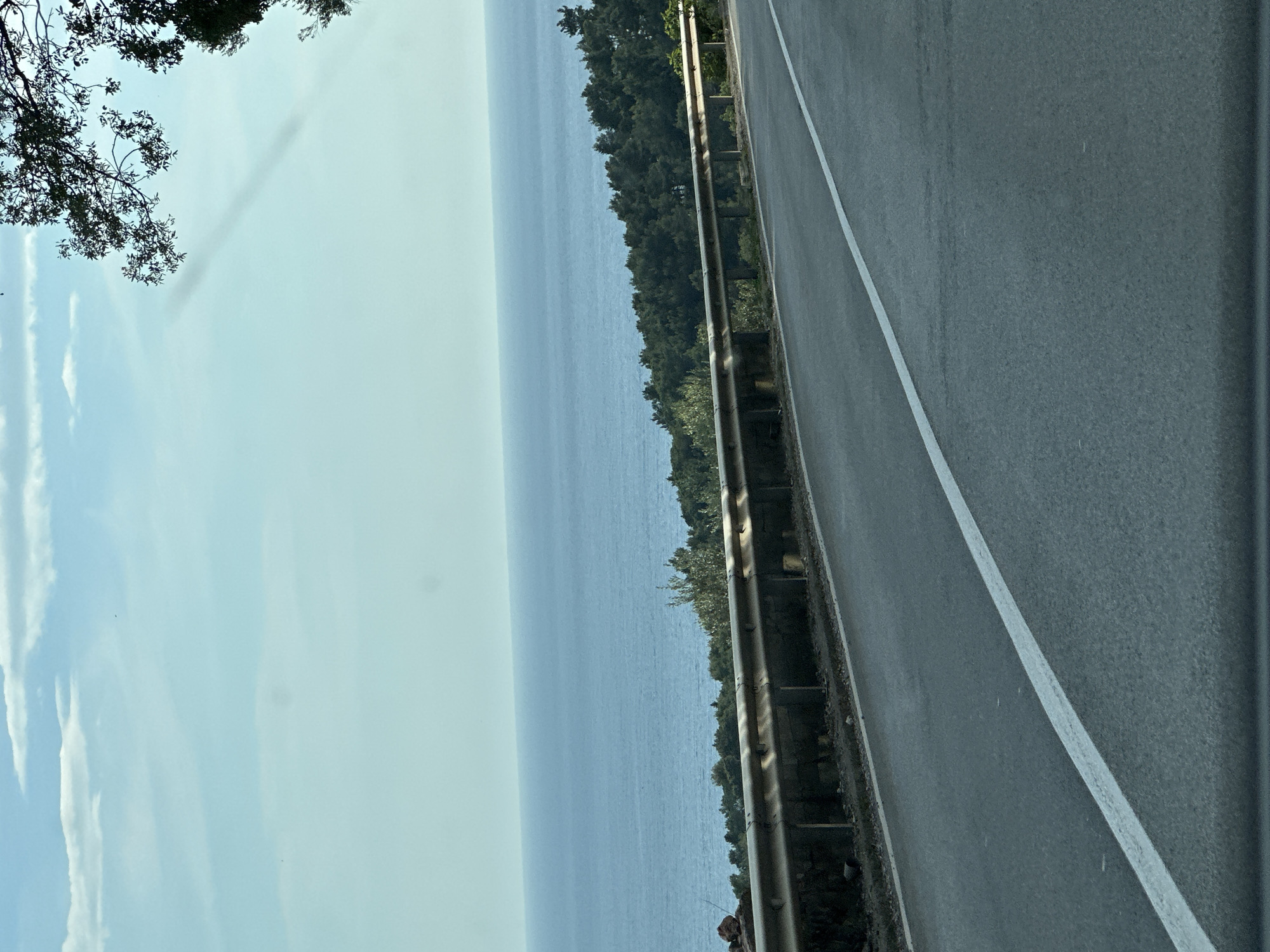 A photograph captures a scene from a road in Nerin, Montenegro. The image is vertically oriented. To the left, the serene expanse of the sea dominates the view, meeting a pale blue sky dotted with faint clouds. A line of trees lines the edge of the road and sea. To the right, the asphalt of the road stretches, marked by a white line, while a weathered metal guardrail separates the road from the sea. The perspective suggests a position within or beside a moving vehicle. In the upper left corner, a tree branch with foliage extends into the frame. The overall lighting is soft and diffused, lending the scene a calm and peaceful atmosphere.