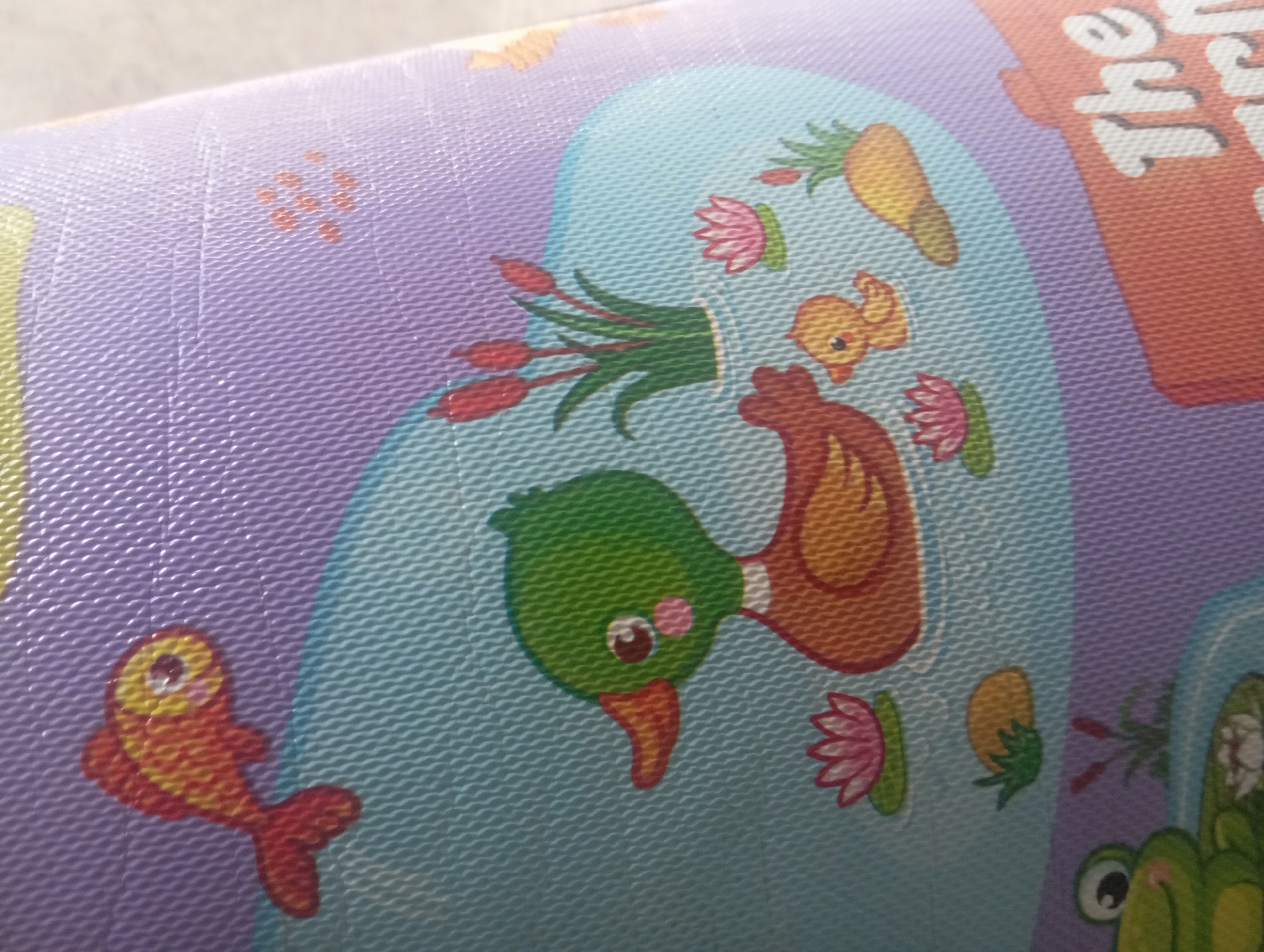 The image displays a colorful, cartoonish illustration of a pond scene. A green-headed duck with an orange beak and chest is swimming in blue water, accompanied by a smaller yellow duckling. Water lilies are scattered around them, and reeds grow in the background. An orange fish with a yellow eye is depicted above and to the left of the duck. In the lower left corner, a green frog is partially visible. The background transitions from purple to a lighter blue representing water. The lower right portion of the image shows a portion of orange text that reads "The" in white letters. The illustration appears to be printed on a textured surface, possibly a playmat or mat. The setting is not indicative of any specific location in Kutasari, Indonesia.