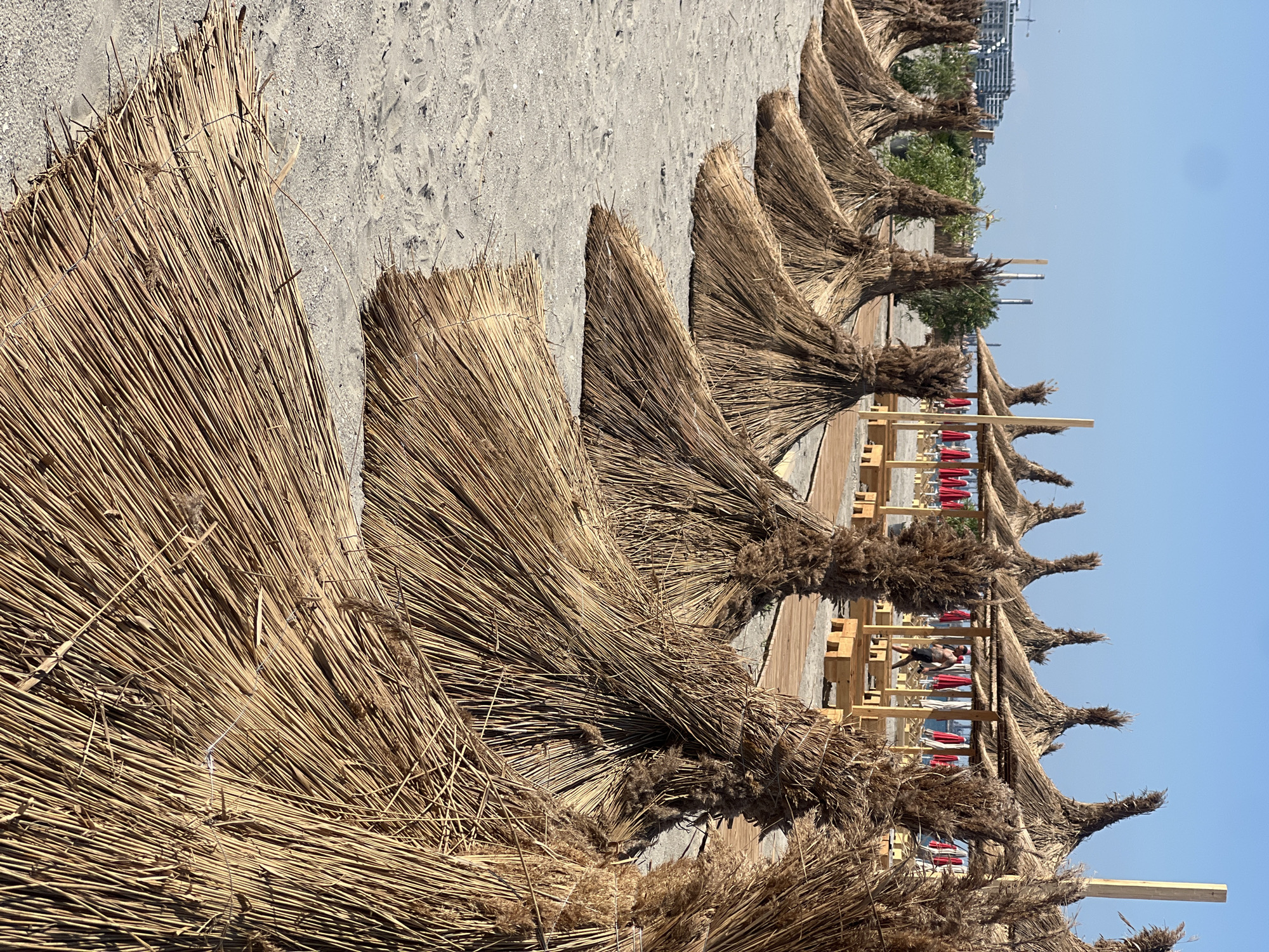 The image displays a row of thatched beach umbrellas on a sandy beach, with the Mediterranean Sea and a clear blue sky in the background. The umbrellas are made of natural reeds and are arranged in a line, suggesting a resort or public beach area. Wooden structures and red lounge chairs are visible underneath some of the umbrellas, indicating they are set up for use. A few people can be seen in the distance, enjoying the beach. The time of day appears to be midday, with bright sunlight casting shadows. The overall scene conveys a relaxed and summery atmosphere. There are no visible text elements in the image.