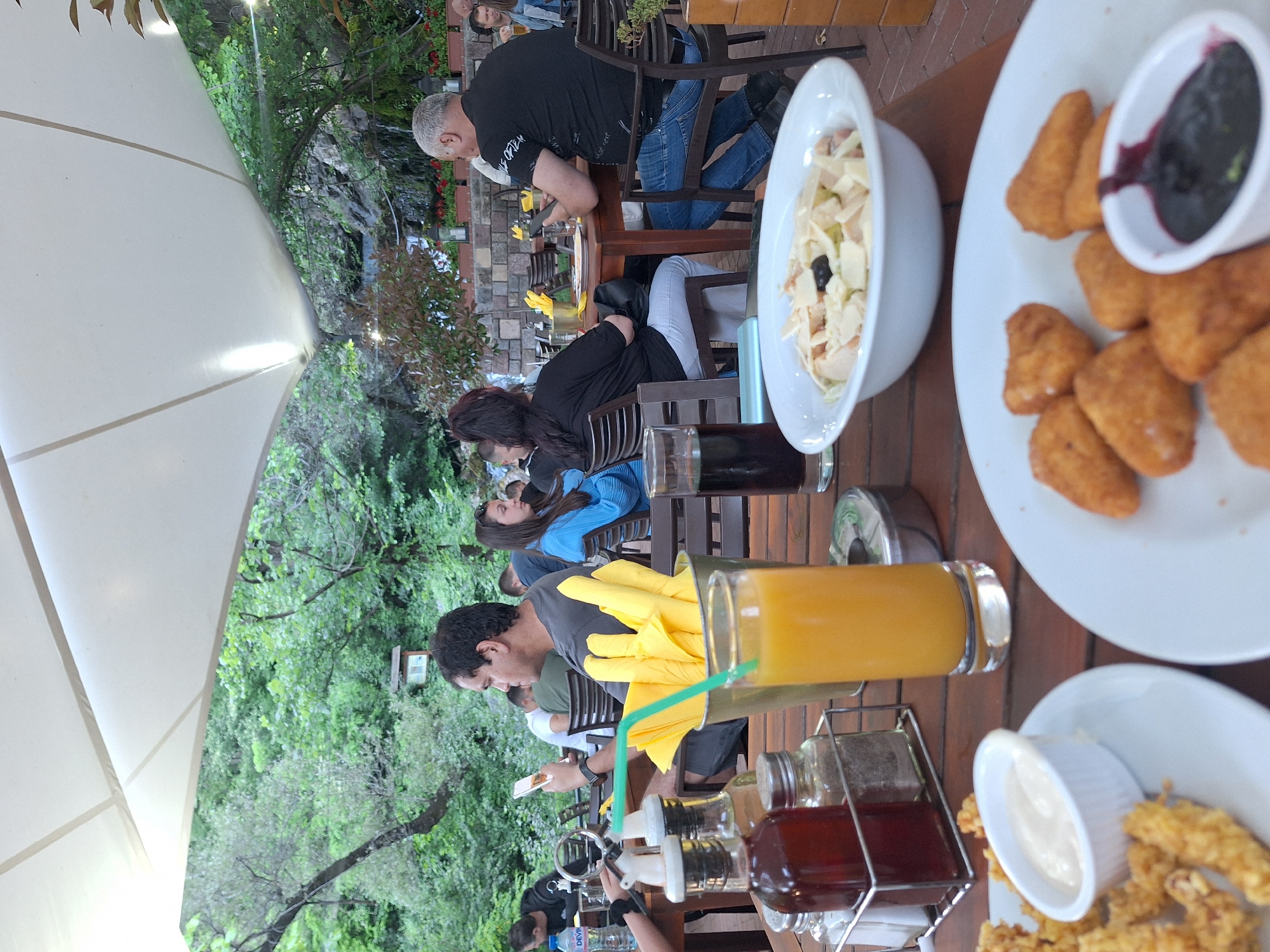 The scene is a restaurant in Milanovo, Bulgaria. Several people are seated at tables on a wooden deck, with a partial view of lush greenery in the background. A white canopy or awning covers the area.
On the table in the foreground, there's a glass of orange juice with a green straw, a metal holder with condiment bottles, and plates with food. One plate contains fried cheese triangles with a cup of blueberry jam. Another plate shows fried strips of food with a small bowl of white sauce. A bowl of salad with white dressing and black olives is visible.
People are seated at the tables, some appear to be eating or drinking, others are engaged in conversation or looking at their phones. One man with grey hair is seated wearing a black t-shirt, while another man is wearing a grey t-shirt and looking at a phone. The mood seems casual and relaxed, suggesting a leisurely meal at a local establishment.