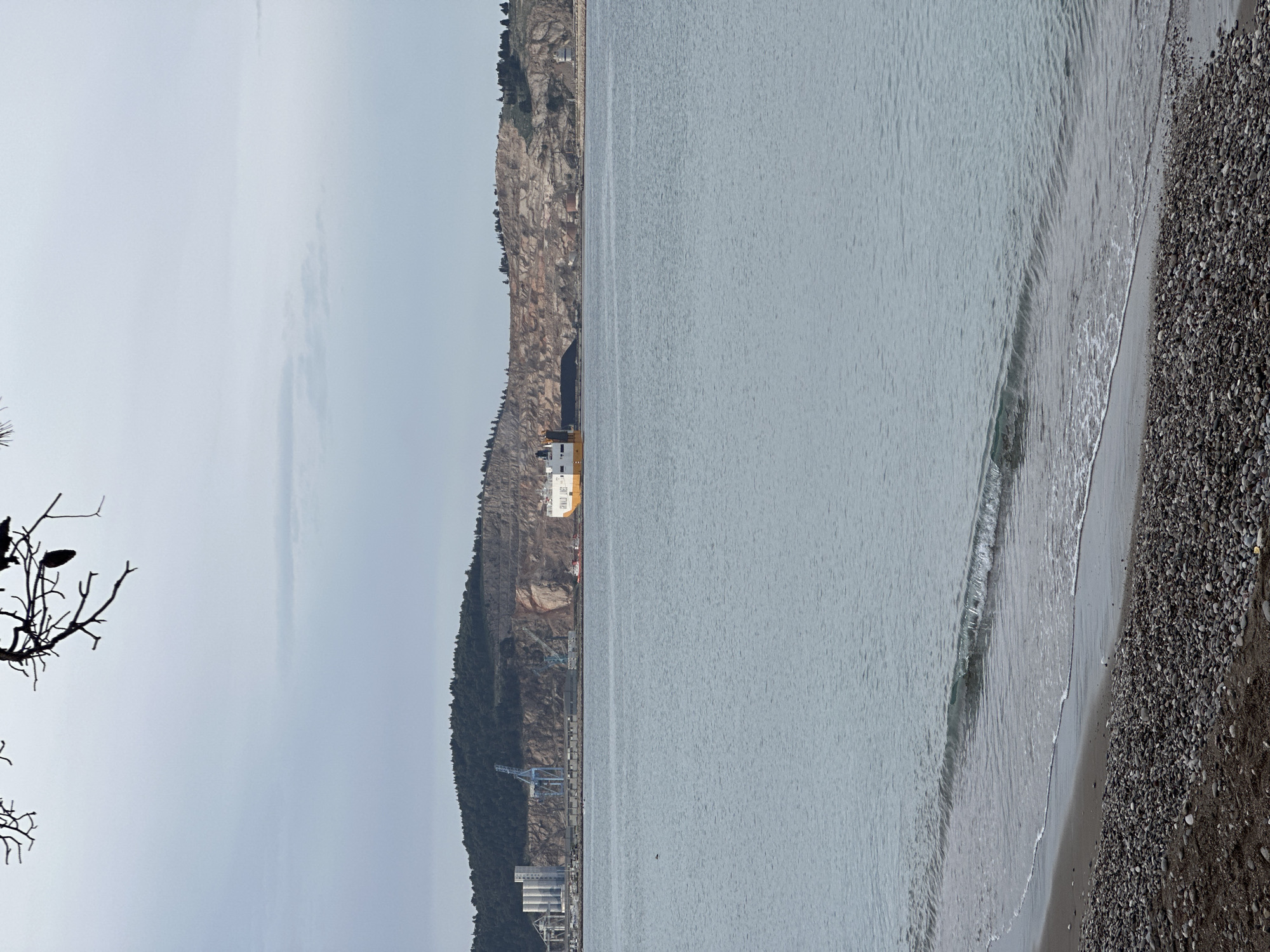 The image presents a view of the coast in Šušanj, Montenegro. On the right side, a pebbled beach borders the water. Gentle waves are visible along the shoreline. To the left, a tree branch is in the foreground. A coastal cliff runs along the left side of the frame, with industrial structures including buildings, cranes, and what appears to be a port facility along the cliff’s base. The sky above is overcast, contributing to a muted color palette.