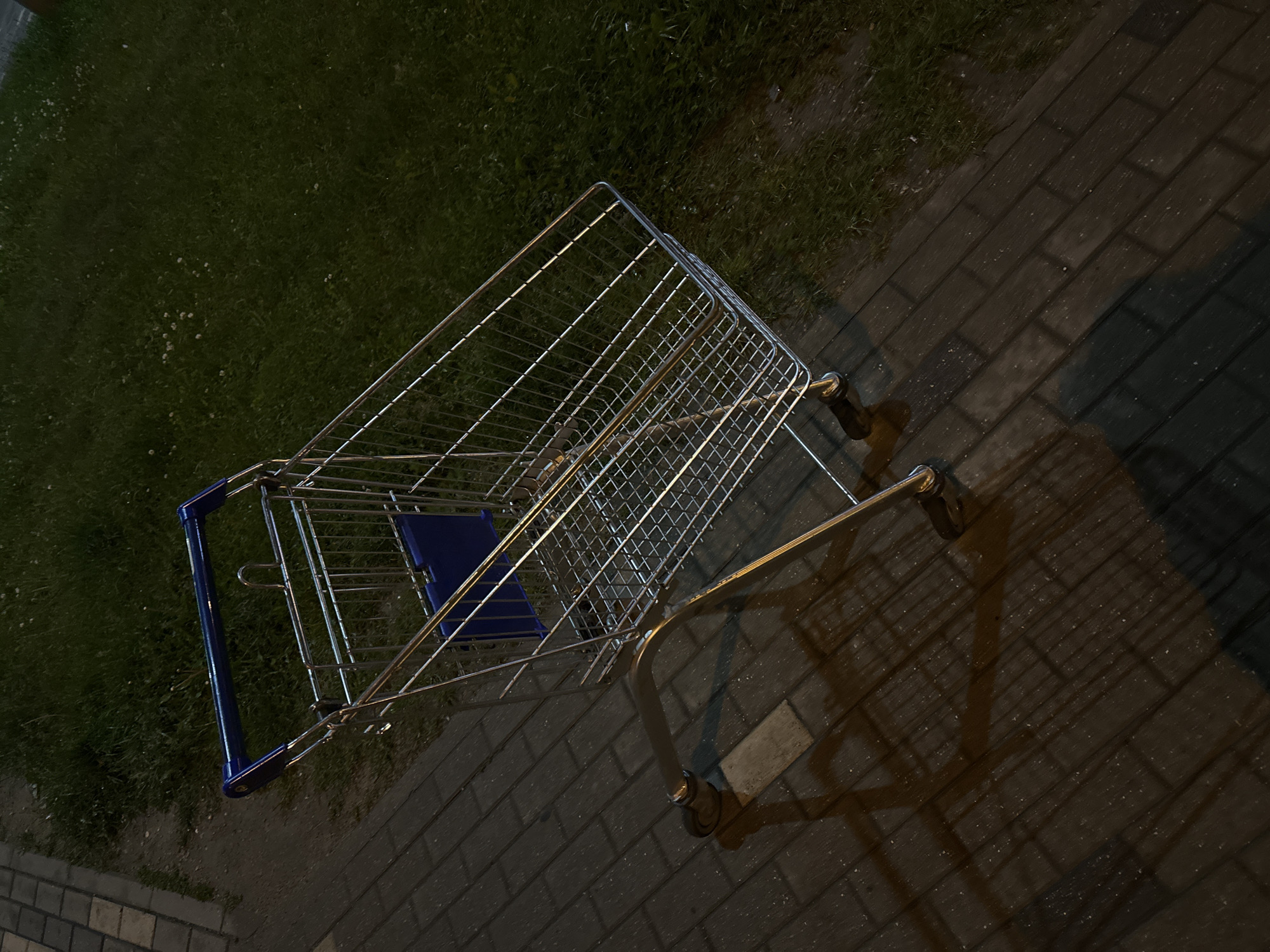 The image shows a shopping cart, seemingly abandoned, on a paved surface in Бараўлянскі сельскі Савет, Belarus. To the left of the paving is an area of grass. The scene is illuminated by artificial light, which casts shadows from the cart onto the paving. The shopping cart is silver metal, with a blue handle and a blue child seat. The paving is made up of gray-brown rectangular blocks.