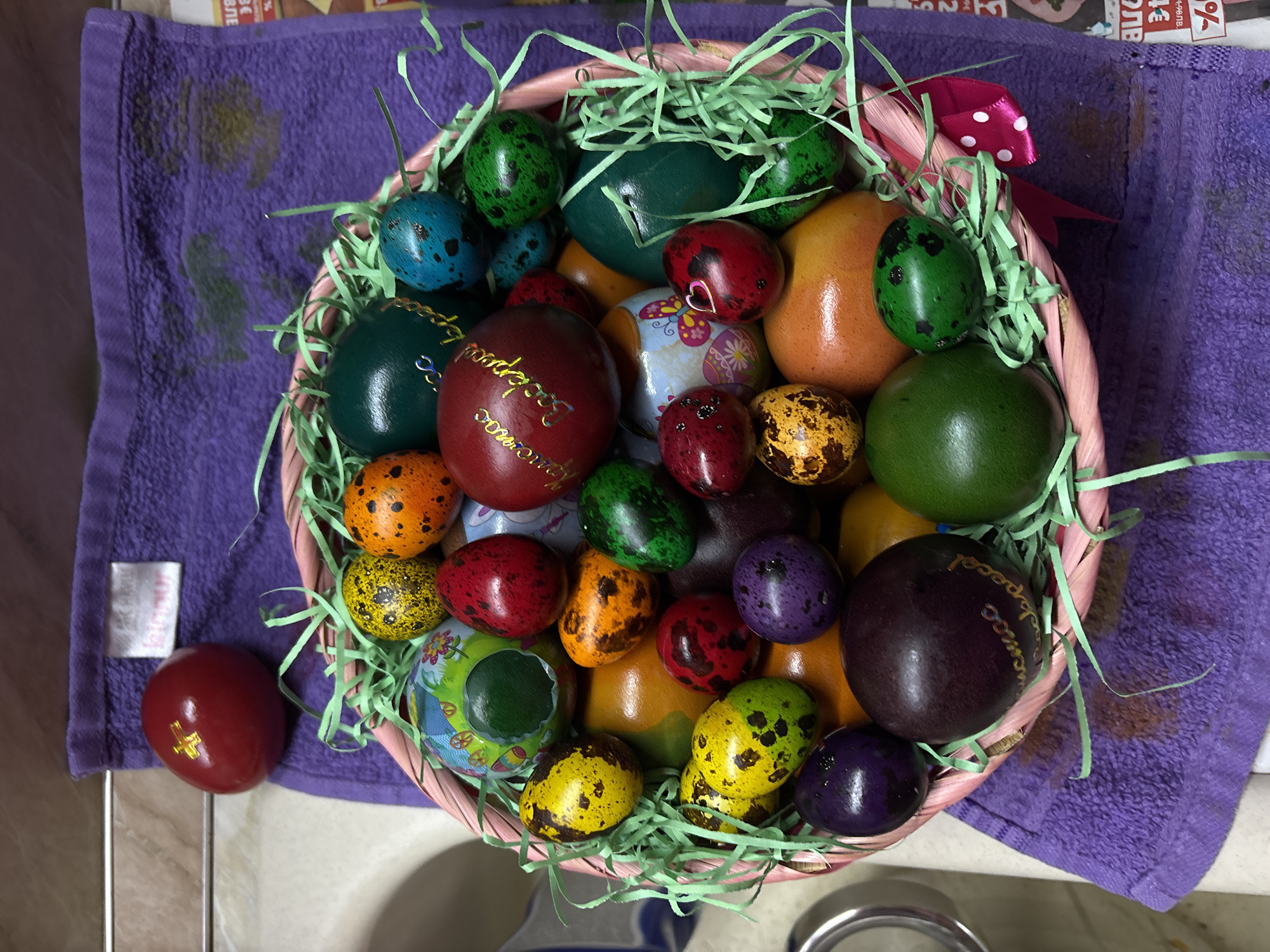 A bird's-eye view captures a wicker basket filled with brightly colored Easter eggs, set against a purple towel with visible stains. The basket is overflowing with an assortment of eggs dyed in various colors and patterns, including speckled quail eggs and solid-colored eggs with Cyrillic text. Some eggs have a glossy finish, while others appear more matte. Green, shredded paper is arranged among the eggs, resembling grass. A red egg with a gold cross rests on the purple towel, outside the basket. A pink ribbon with white polka dots adorns the top right of the basket. The scene is staged indoors, likely on a countertop, evidenced by the tiled surface in the background. The image does not provide information to identify the specific location as Varna, Bulgaria.