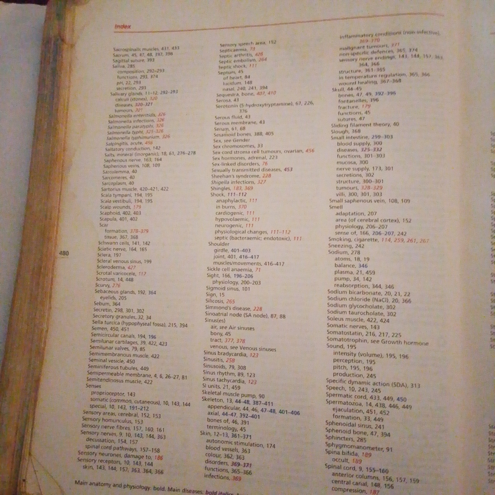 The image provided is a close-up shot of an index page from a book. The page is mostly text, with entries organized alphabetically. The title "Index" is visible at the top. The text discusses various anatomical and physiological terms, along with associated page numbers. Examples of entries include "Sacrospinalis muscles," "Sacrum," "Saliva," "Salmonella enteritidis," "Sensory speech area," "Septic arthritis," "Serotonin," "Sex chromosomes," "Shock," "Skull," "Slough," "Small intestine," "Smell," "Smoking," "Sneezing," "Sodium," "Soleus muscle," "Somatic nerves," "Somatostatin," "Sound," and "Spina bifida."
There is no information in the image that relates to Jalingo, Nigeria, or any specific city. The image exclusively contains text from a book's index.