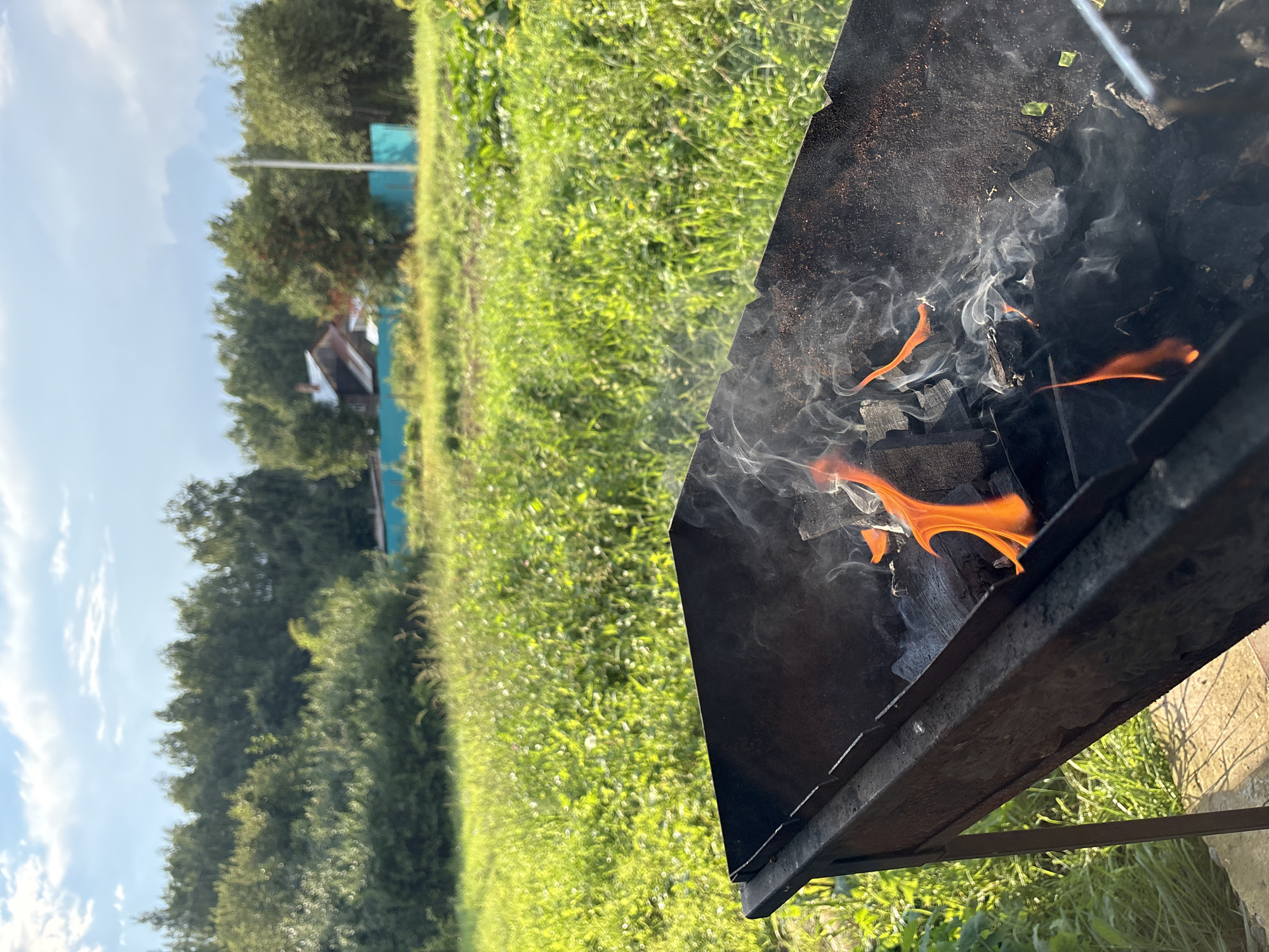 A barbecue grill with visible flames and smoke is positioned in the foreground, outdoors. The grill is black metal with a simple frame, resting on the ground. Behind the grill, a lush green field stretches towards a line of trees. In the middle ground, a turquoise fence partially obscures a wooden house with a reddish-brown roof. The sky above is partly cloudy with a bright blue hue. The overall impression is that of a rural setting, possibly a backyard or a picnic area, in the vicinity of Elovo, Russia. No people are visible in the image.