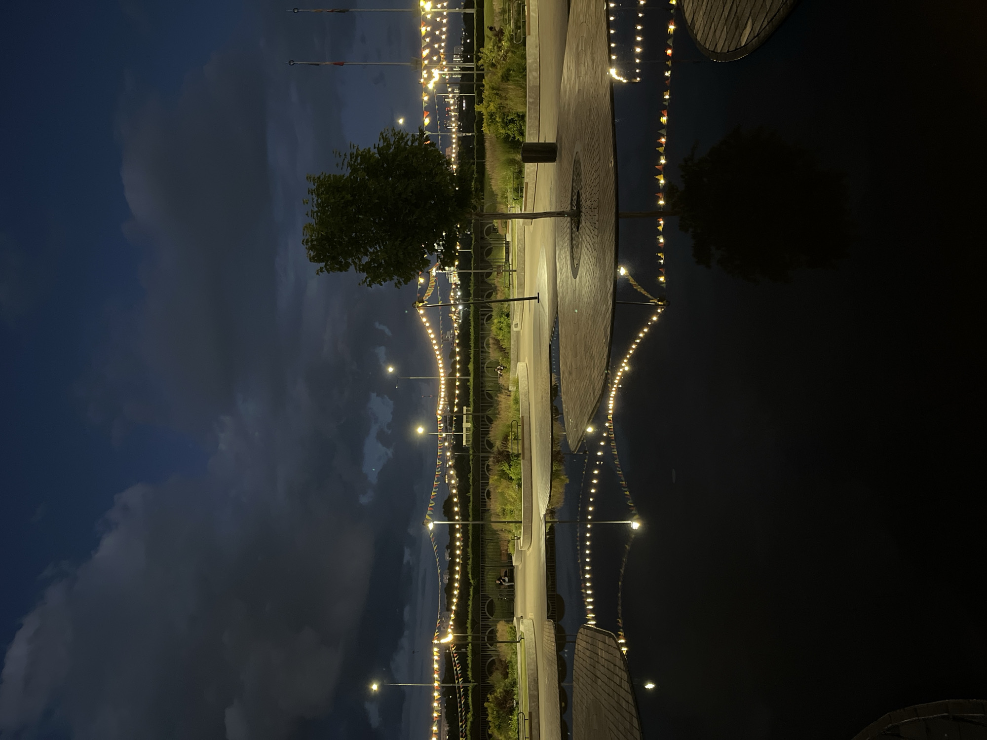 This is a nighttime photograph of the Nizhny Novgorod "Red-White Cafe" park, specifically the area near the waterfront promenade. The sky is dark and cloudy, with a deep blue hue. String lights, adorned with small triangular flags in red, white, and yellow, are strung across the park, casting a warm glow.
In the foreground, a dark body of water reflects the string lights and the silhouette of a lone tree in the middle ground. The tree has a slender trunk and a full, rounded canopy of leaves. Next to the tree is a dark cylindrical trash bin.
The middle ground features a paved circular area with brick-like paving stones surrounding the tree. Beyond this, raised planter beds contain lush green vegetation, grasses, and some ornamental plants. Several benches are visible, with at least two individuals seated on them in the distance. The park is bordered by a black metal fence with a repeating circular design. In the far background, more lights suggest the presence of the city beyond the park.
The overall atmosphere is serene and slightly mysterious due to the low light conditions and the reflections in the water.