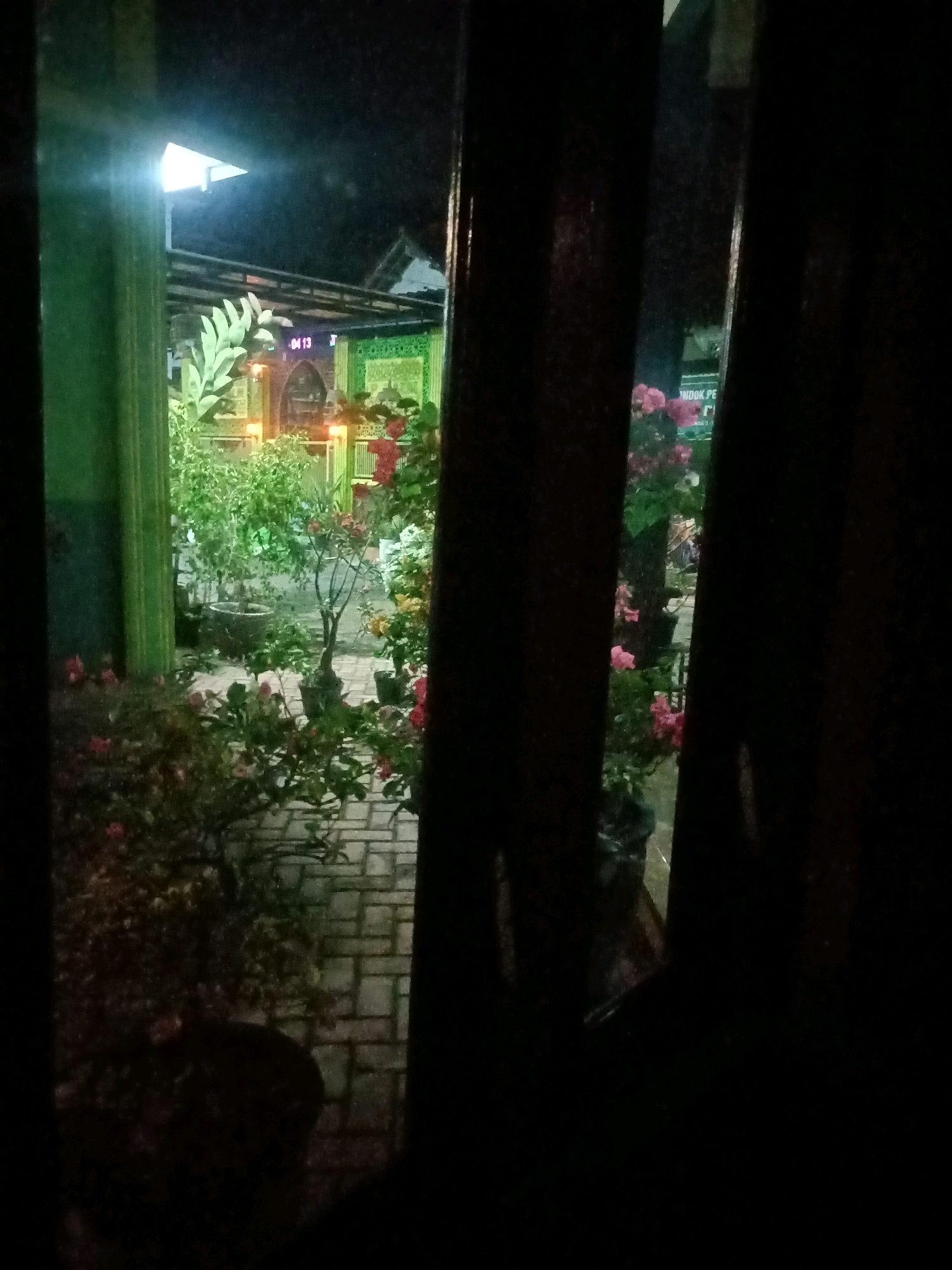 The image, taken at night in Trenggalek, Indonesia, depicts a view of a courtyard with several potted plants and a building in the background. The scene is illuminated by artificial lights, creating a somewhat diffused and dark atmosphere.
In the foreground, dark, vertical elements, possibly wooden beams or window frames, partially obscure the view. Beyond these, a paved walkway made of interlocking bricks leads into the courtyard.
To the left, a collection of potted plants with green foliage is visible, some of which appear to be shrubs and possibly smaller trees. The plants are arranged on the paved ground.
In the center of the image, a larger potted plant with delicate branches and green leaves is prominent. Behind this plant, a building with green decorative elements and an arched doorway is partially visible. A digital display showing "04 13" is mounted on the building. The building's roof is dark and appears to be covered.
To the right, more potted plants with vibrant pink flowers are seen, some cascading down. A dark sign with white text is also partially visible in this area, with the visible text appearing to read "NDOK PE" and possibly "R".
The overall impression is that of a well-maintained outdoor space, likely a yard or garden attached to a residential or commercial property, observed at night. The lighting conditions suggest it might be an ambient or decorative lighting scheme.