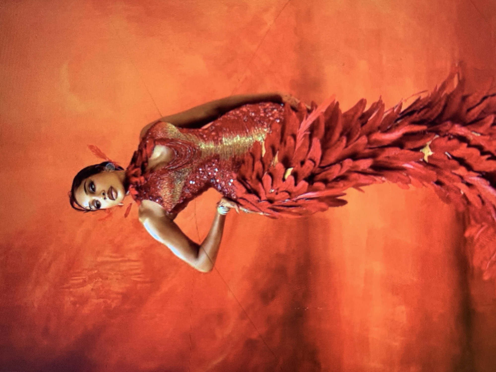 A woman is wearing a red dress with feather detailing against an orange backdrop. The image is rotated counter-clockwise, and the location is unknown.