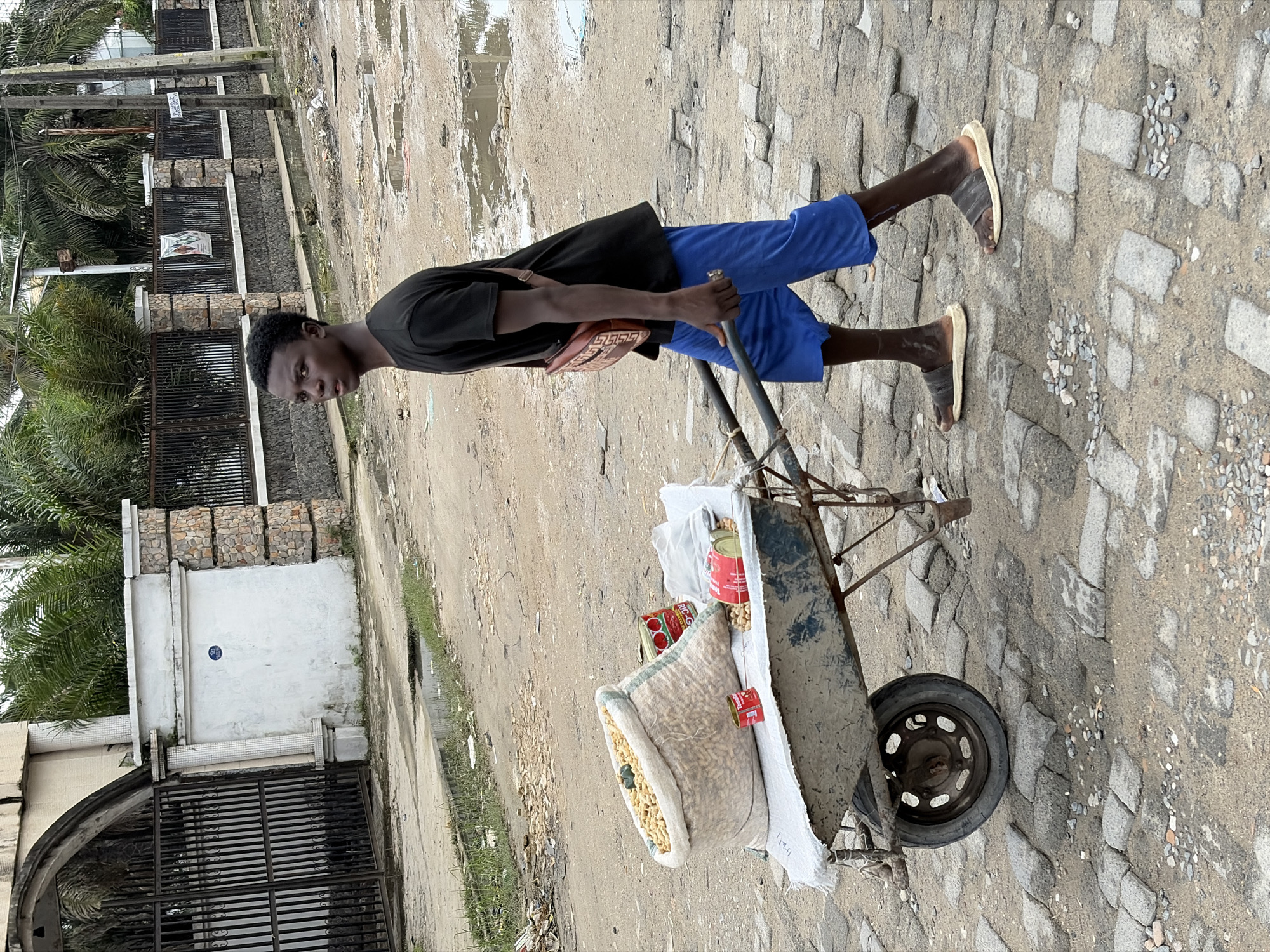 A young Black male is pushing a wheelbarrow filled with goods down a street in Igboefon, Nigeria. The wheelbarrow contains a large burlap sack filled with peanuts, along with two red cans. The man is wearing a black t-shirt, blue shorts, and sandals, and he has a satchel slung over his shoulder. The street is unpaved and appears to be in a state of disrepair, with puddles of water and debris scattered around. In the background, there is a large building with an arched entrance and a black metal gate, flanked by stone pillars. Palm trees are visible behind a fence. The overall scene depicts a typical street view in a developing urban area.