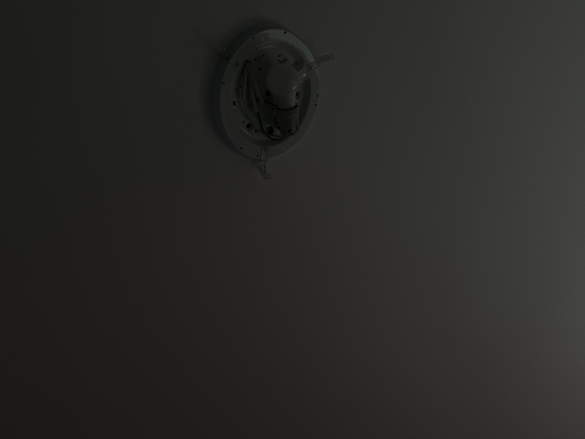 The image shows a partially disassembled ceiling light fixture. The fixture appears to be circular and white, with a bulb installed. It has mounting brackets that secure it to the ceiling. The fixture is located on a dark ceiling. The location is unknown.