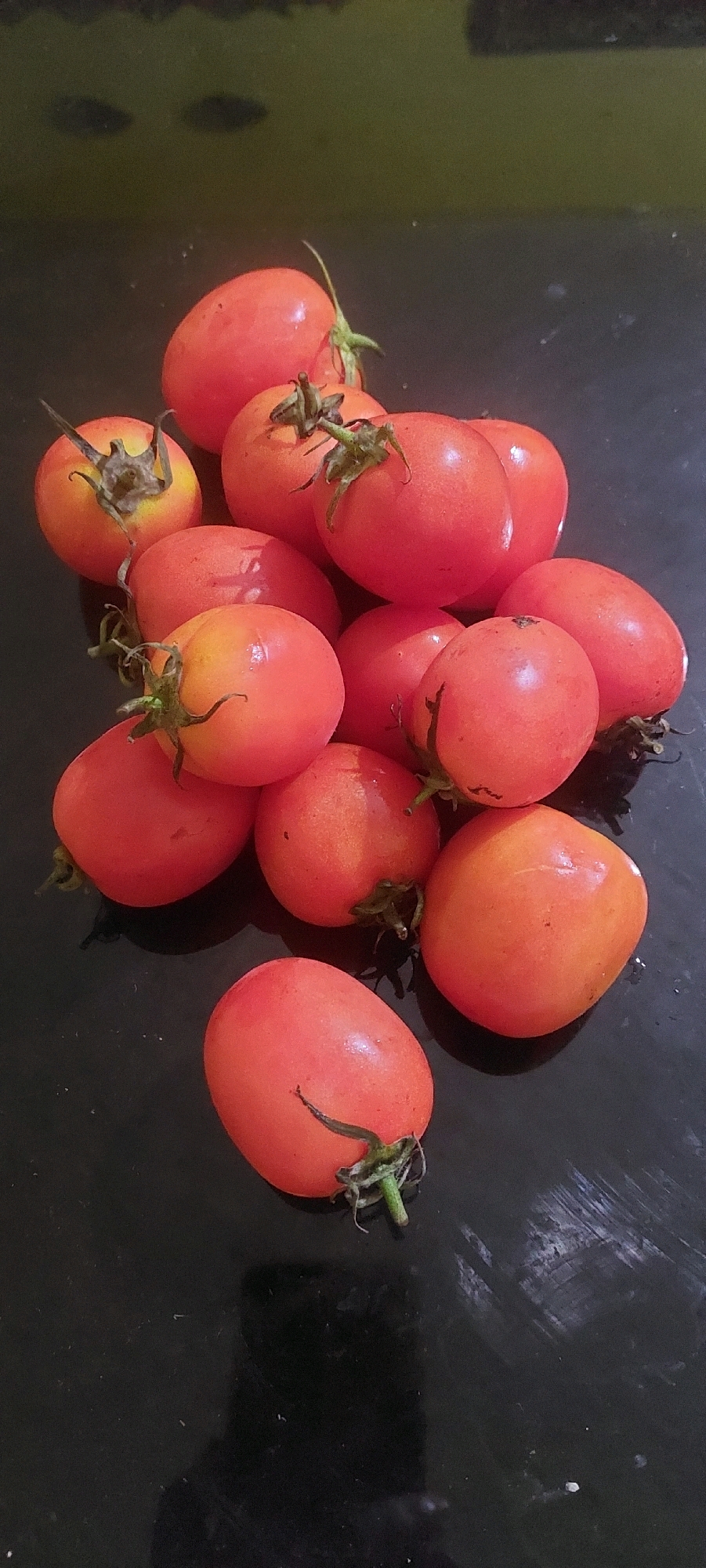 A pile of ripe, red cherry tomatoes with green stems is arranged on a dark, reflective surface, likely a countertop or table. The tomatoes are of varying sizes and shapes, with some being more oval and others round. The lighting creates subtle shadows and highlights on the smooth skin of the tomatoes. The background is out of focus and appears to be a muted green. This image likely depicts produce for sale or personal consumption, a common sight in local markets or homes in Lumajang, Indonesia.