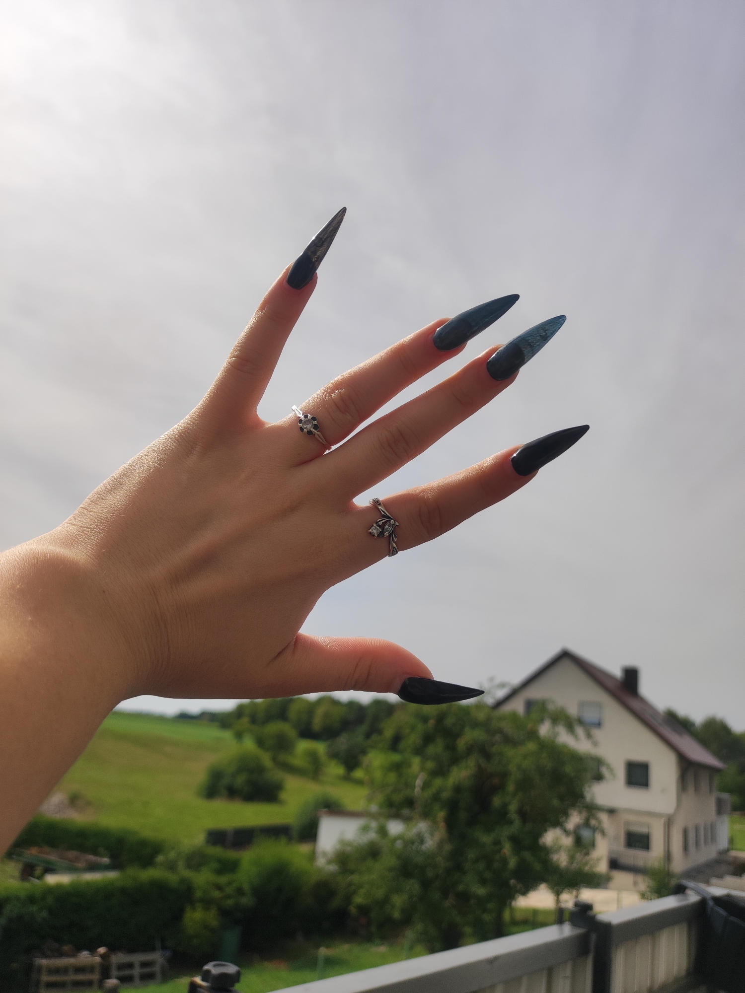 A person's hand with long, pointed, dark fingernails is held up against a cloudy sky. The hand has two silver rings on it. In the background, a rural landscape with trees, fields, and a house is visible. The location is Burgoberbach, Germany.
