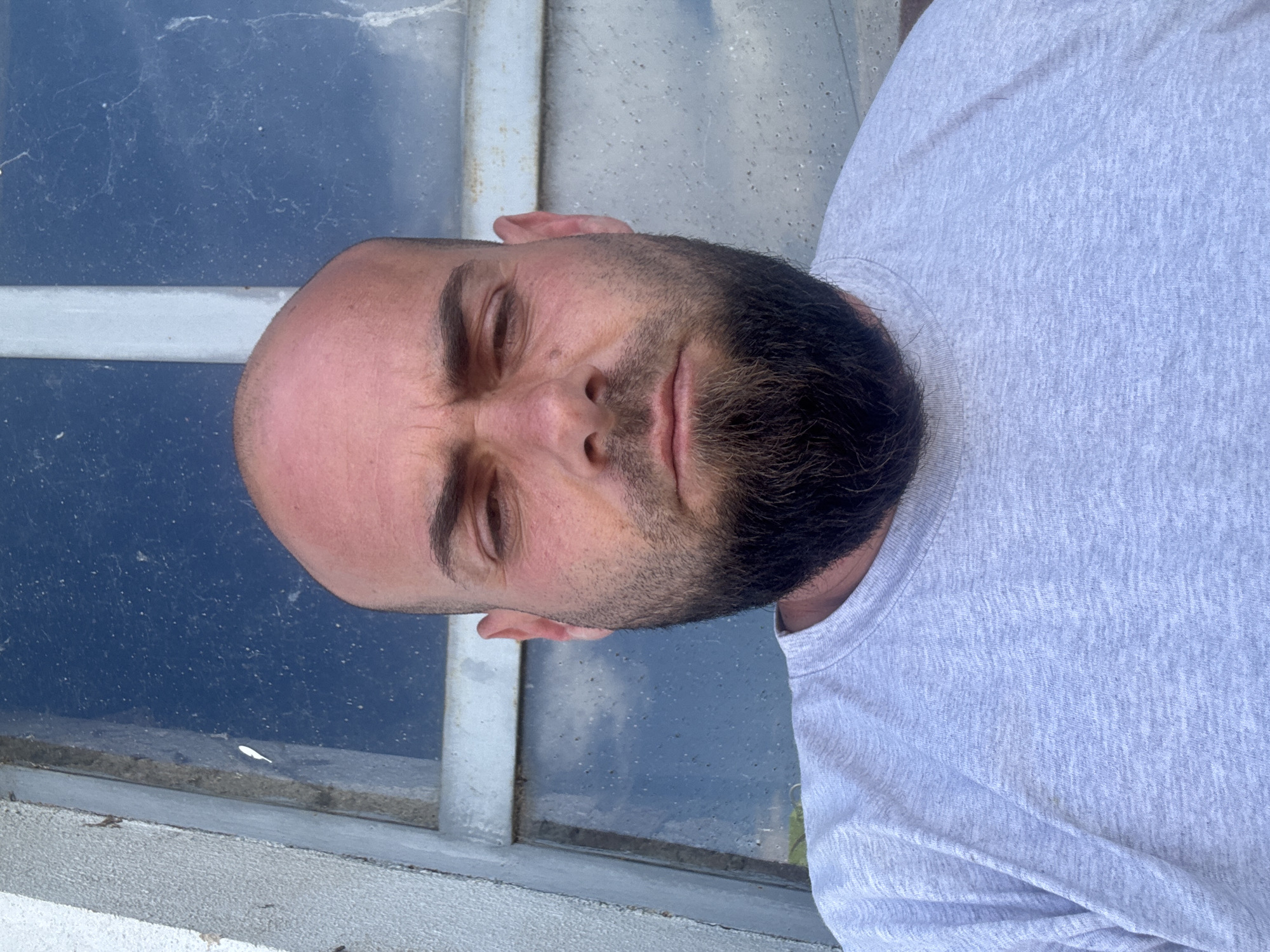 A man with a bald head and a beard is standing in front of a window. The window has a gray frame and a blue, cloudy background, possibly reflecting the sky. The man is wearing a gray t-shirt. There is no indication of Sarnevo, Bulgaria.