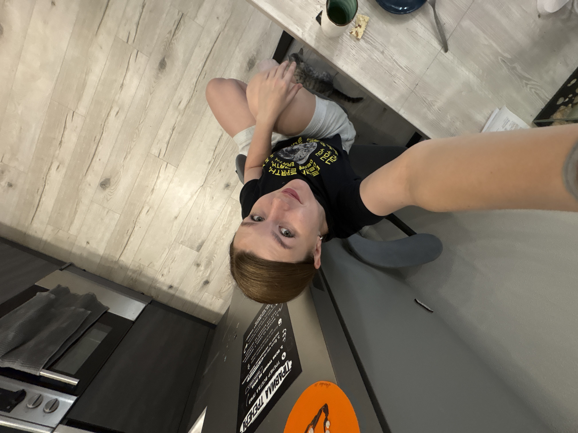 An overhead, inverted selfie captures a young person seated at a kitchen or dining table in what appears to be a home in Izhevsk, Russia. The person, with light brown hair and direct gaze, looks up at the camera while wearing a black t-shirt with white and yellow text, including "EARTH," "YOU," and partially visible "DEEP." They are also wearing light-colored shorts, with their knees bent and one hand resting on a leg.
Below the table, a grey tabby cat is visible, appearing to sit or lie near the person's legs. The table itself is light-colored wood laminate, holding a dark blue plate, a fork, a green and white mug, and a small piece of food. The flooring throughout the visible area is light wood laminate planks.
To the left, a dark countertop with a stove or oven is visible, covered by a grey towel. On the adjacent wall to the right, a dark rectangular sign features white Russian text, humorous "Trainer's Rules," including "ПРАВИЛА ТРЕНЕРА" (TRAINER'S RULES), "1. ТРЕНЕР ВСЕГДА ПРАВ" (1. THE TRAINER IS ALWAYS RIGHT), and "2. ЕСЛИ ТРЕНЕР НЕ ПРАВ ЗНАЧИТ ТЫ НЕПРАВИЛЬНО П(ОНЯЛ)" (2. IF THE TRAINER IS WRONG, IT MEANS YOU MISUNDERSTOOD). Below this, part of an orange circular decoration is visible. The scene is illuminated by indoor lighting, with no clear indication of the time of day.