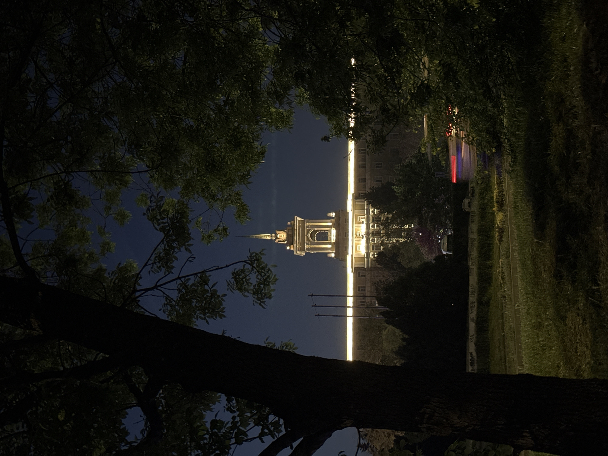 The image shows the Saints Cyril and Methodius Cathedral in Varna, Bulgaria, at night. The cathedral is brightly lit and framed by trees, some of which are in shadow. A long, horizontal line of lights extends from the base of the cathedral toward the foreground. A blurred streak of red light appears on the right side of the frame, likely from a passing vehicle. The sky is dark. A grassy area is on the right side of the frame.