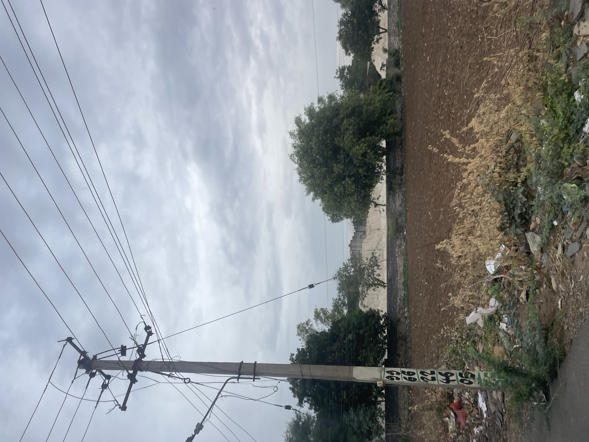 This image depicts an outdoor scene near Bethamcherla, India, featuring a utility pole with multiple electrical wires against a cloudy sky. The pole, located on the left side of the frame, has markings that appear to be numbers, with "99", "66", "22", "46", and "05" visible. The pole is surrounded by a significant amount of litter and debris on the ground. Behind the pole, there is a field of tilled brown soil, bordered by a low stone wall and trees. Further in the background, there are piles of light-colored material, possibly construction or industrial waste, and more trees and vegetation. The overall environment suggests a somewhat undeveloped or transitional area within the city.