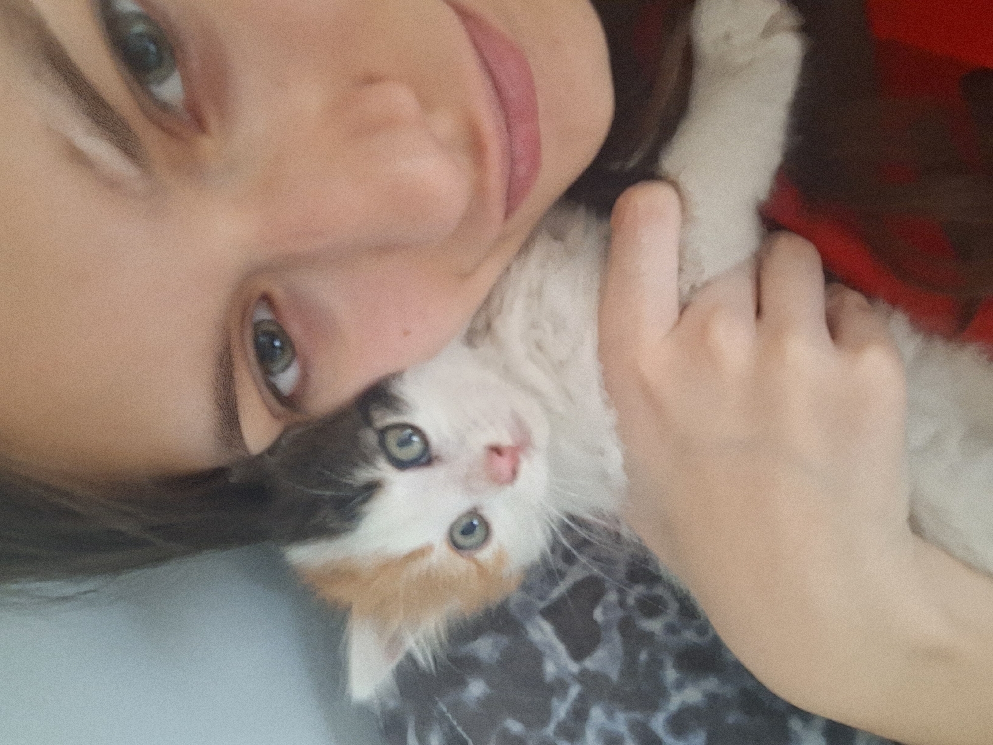 A selfie shows a fair-skinned person holding a small kitten. The person’s face is close to the camera, angled slightly upwards. They have brown hair, light-colored eyes, and pink lips. The kitten, held in the person's arm, has a multicolored coat of white, black, and orange fur. The background appears to be a soft, patterned surface, possibly a blanket or bed covering. The environment suggests an indoor setting. There is no verifiable evidence to determine this image's location in Panagyurishte, Bulgaria.