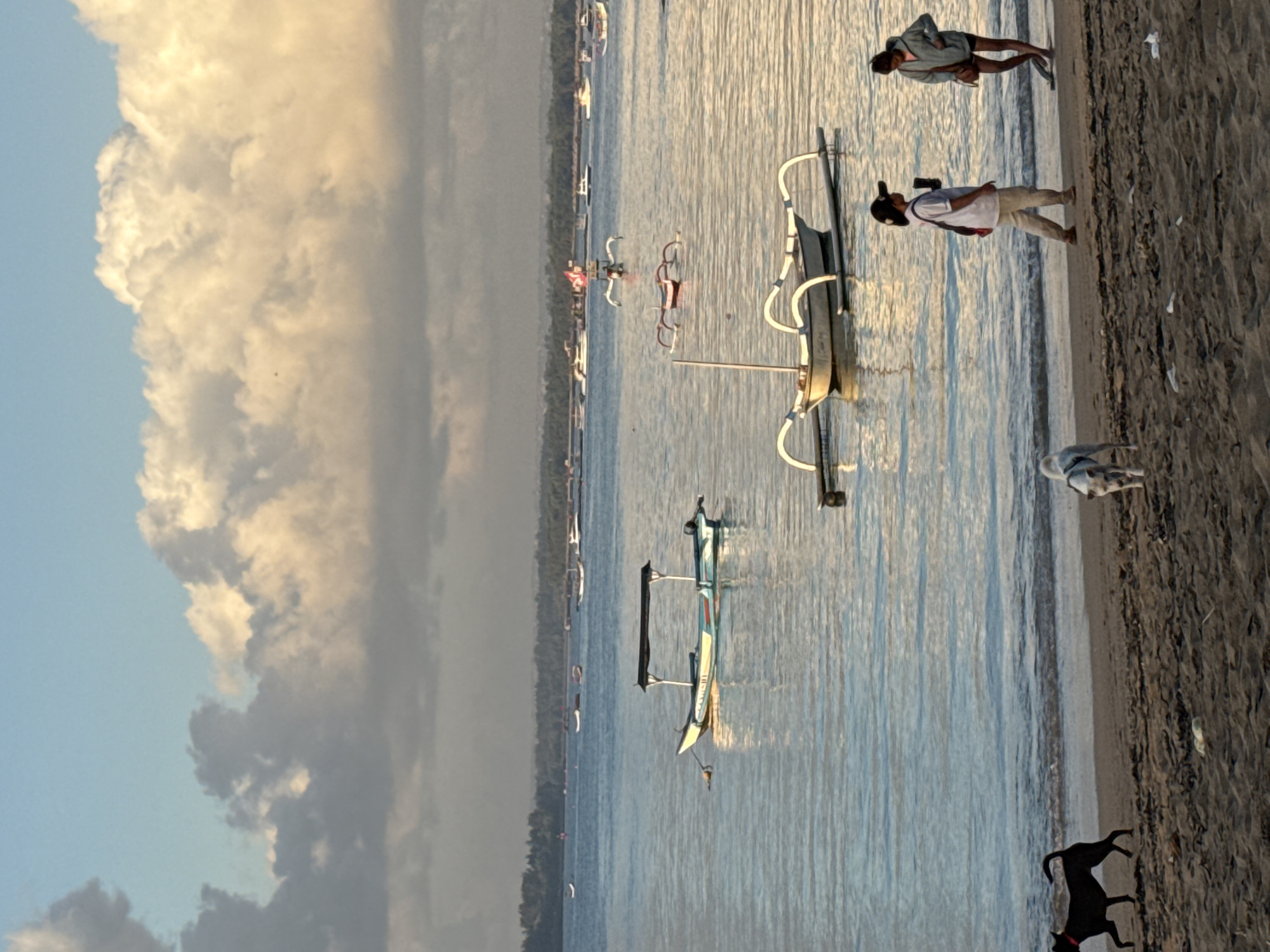 The image depicts a serene beach scene at sunrise or sunset, likely in Denpasar, Indonesia, given the presence of traditional Balinese outrigger boats. The sky is a soft blue with dramatic, golden-tinged clouds. The calm sea reflects the sky's colors, with several boats scattered across the water. In the foreground, a sandy beach shows evidence of tideline debris. Two dogs are visible on the beach: a black dog on the left walking away from the viewer, and a white dog closer to the water, facing right. Further down the beach, two individuals are walking. One person, wearing a white shirt, beige pants, and a dark baseball cap, holds a dark object in their right hand and carries a bag slung over their shoulder. The other person, in a light blue hooded jacket and shorts, also carries a bag over their shoulder and appears to be looking down. The water is tranquil, with small waves lapping at the shore. The background features a distant treeline and more boats, indicating a populated coastal area. The lighting suggests the golden hour, casting a warm glow over the scene.